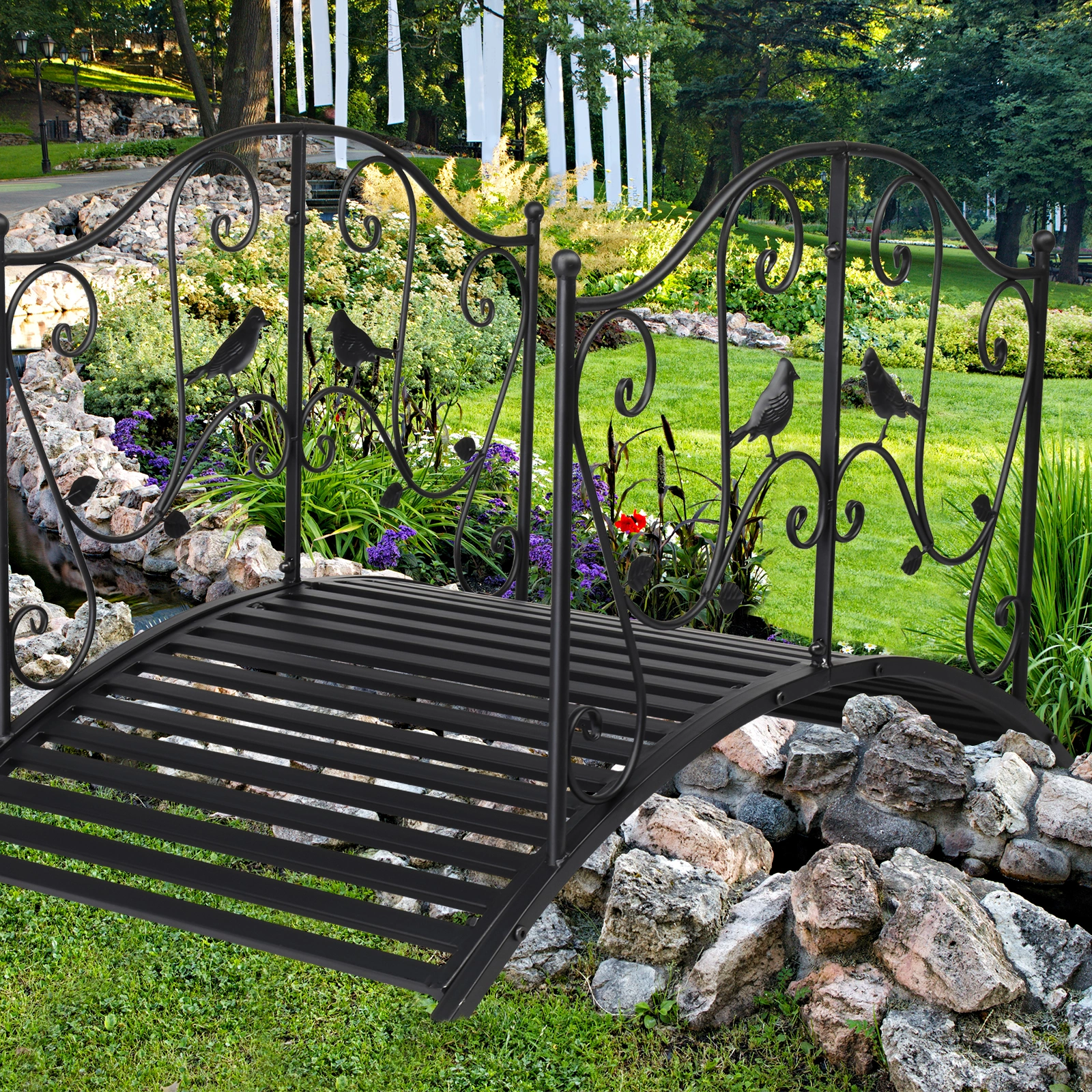 119*67*71cm Courtyard With Bird Pattern Arched Handrail Courtyard Iron Bridge Black view 16