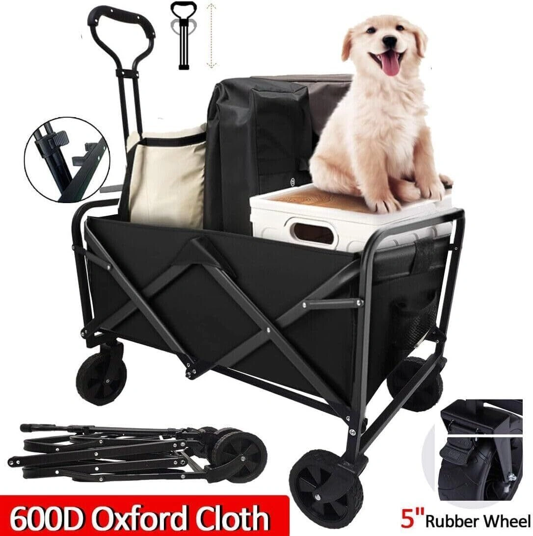 5 Inch Heavy Duty Rubber Wheel - Foldable Garden Trolley Cart Wagon for Camping UK Black