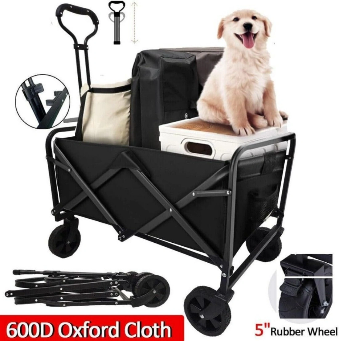 5 Inch Heavy Duty Rubber Wheel - Foldable Garden Trolley Cart Wagon for Camping UK Black view 2