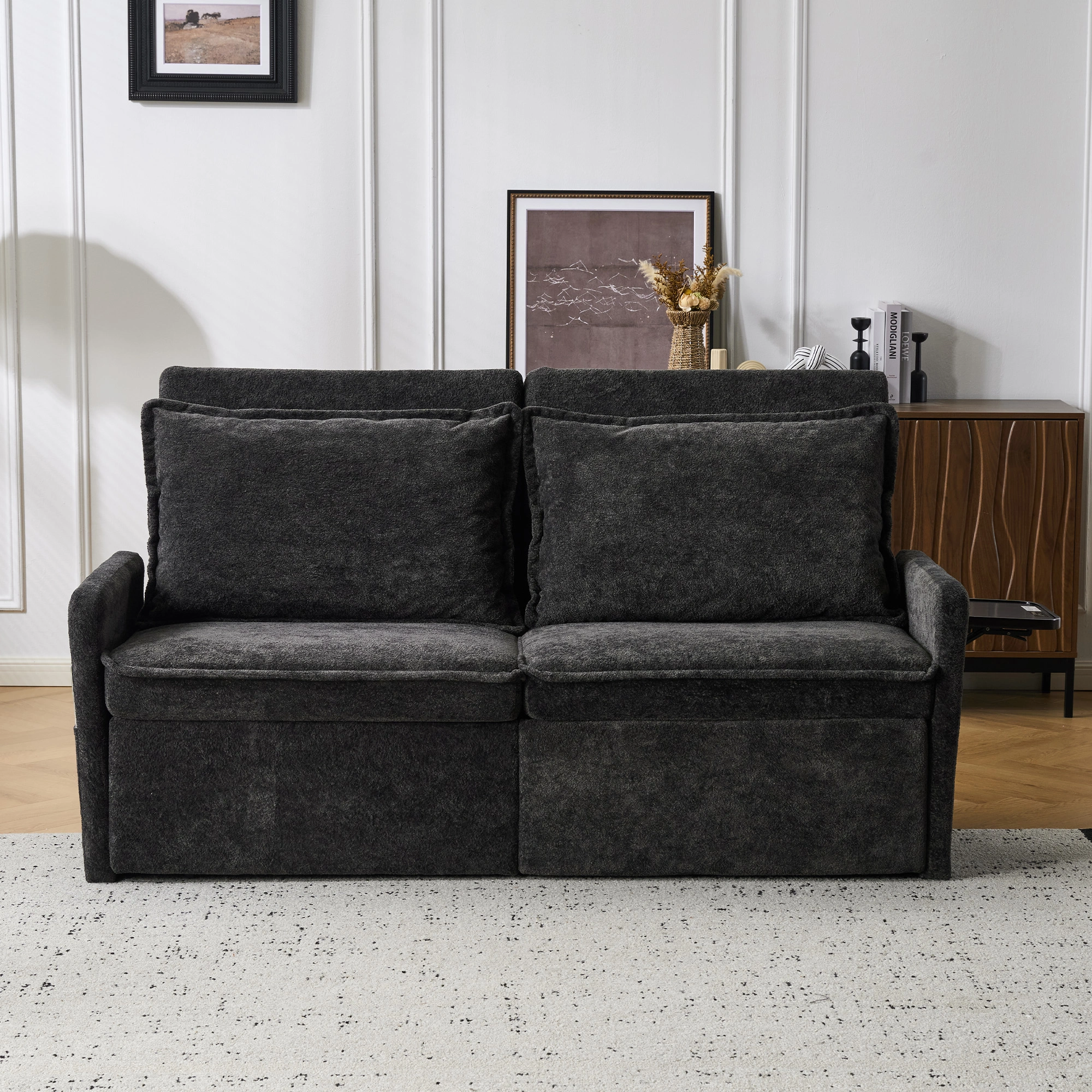 Sofa with Sleep Function Sleep Sofa with Cushions and USB, 3-in-1 Sofa&Couch with 5-Stage Adjustable Backrest, Foldable Sofa Bed with Storage, Chenille, Black view 2
