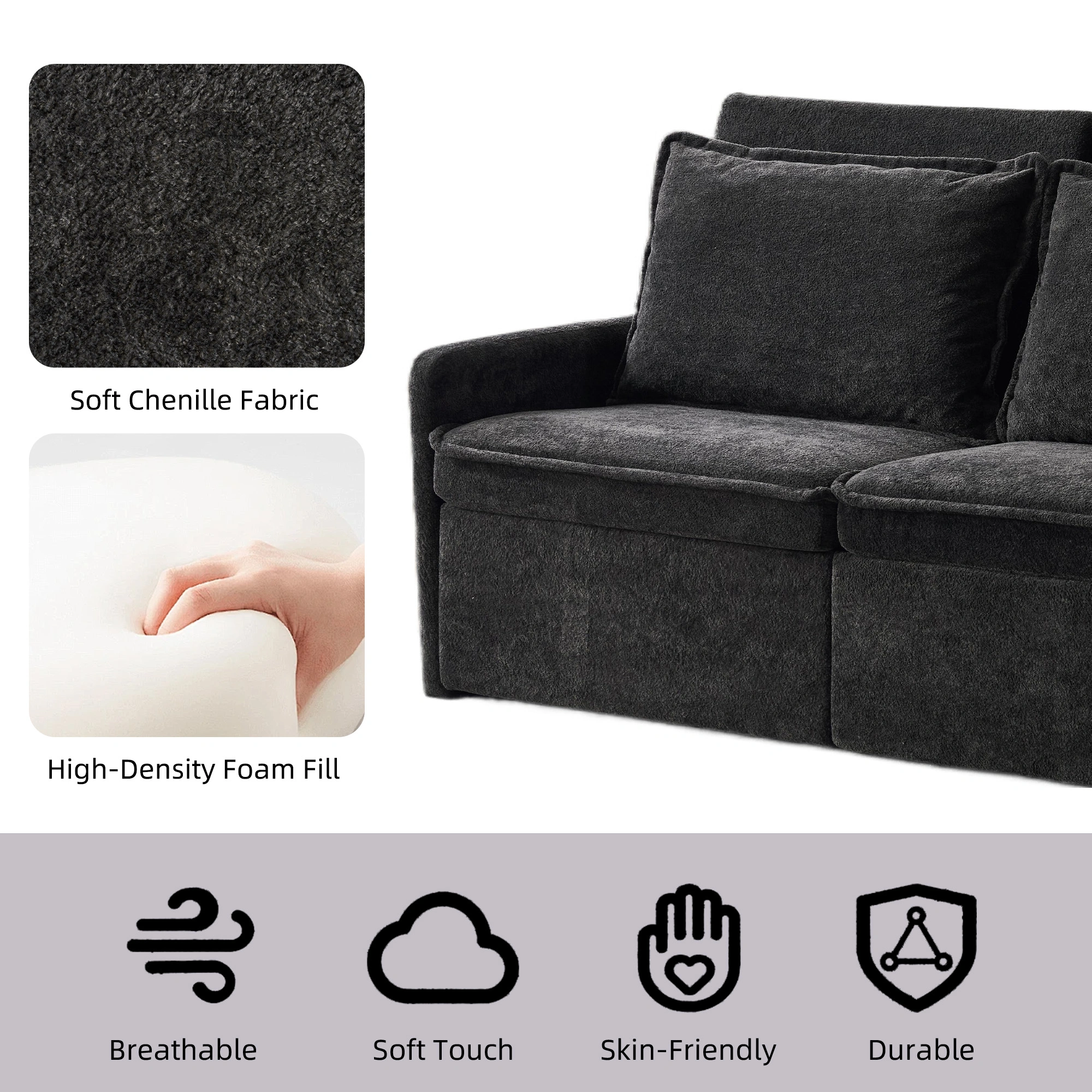 Sofa with Sleep Function Sleep Sofa with Cushions and USB, 3-in-1 Sofa&Couch with 5-Stage Adjustable Backrest, Foldable Sofa Bed with Storage, Chenille, Black view 4