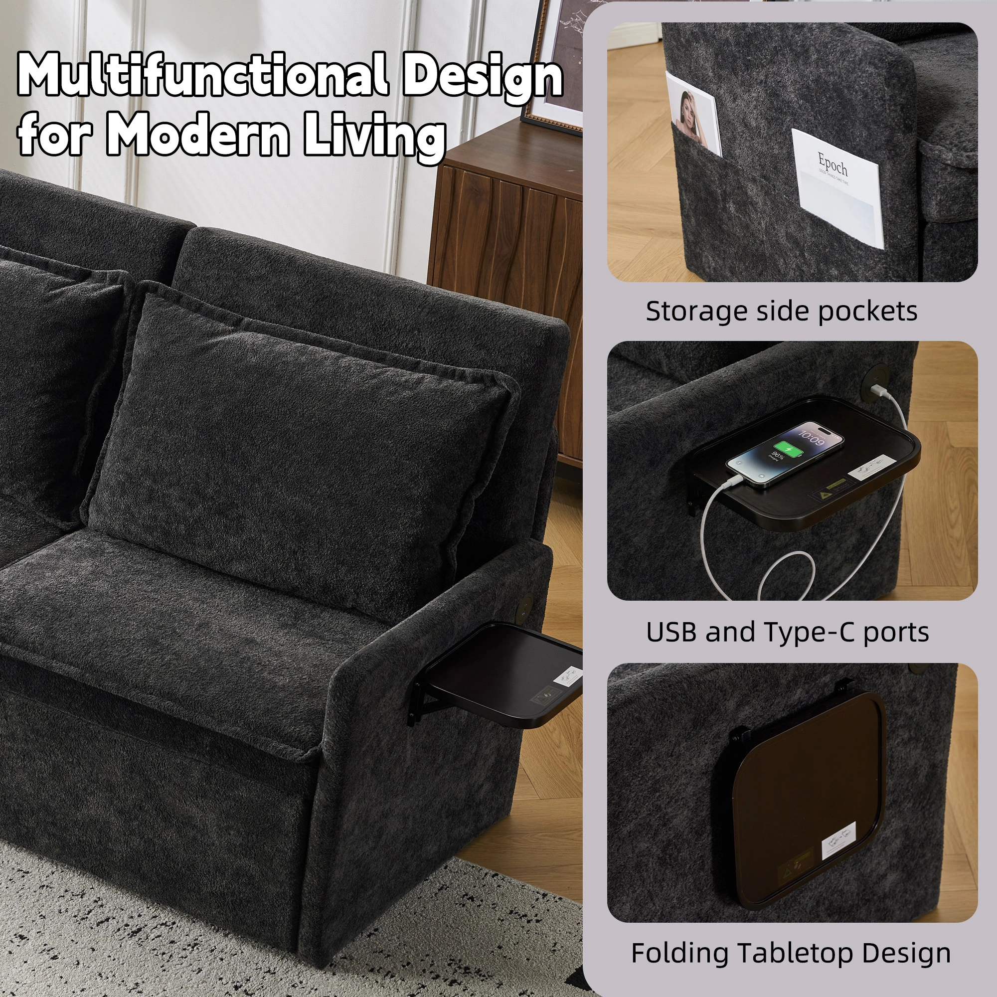 Sofa with Sleep Function Sleep Sofa with Cushions and USB, 3-in-1 Sofa&Couch with 5-Stage Adjustable Backrest, Foldable Sofa Bed with Storage, Chenille, Black view 5
