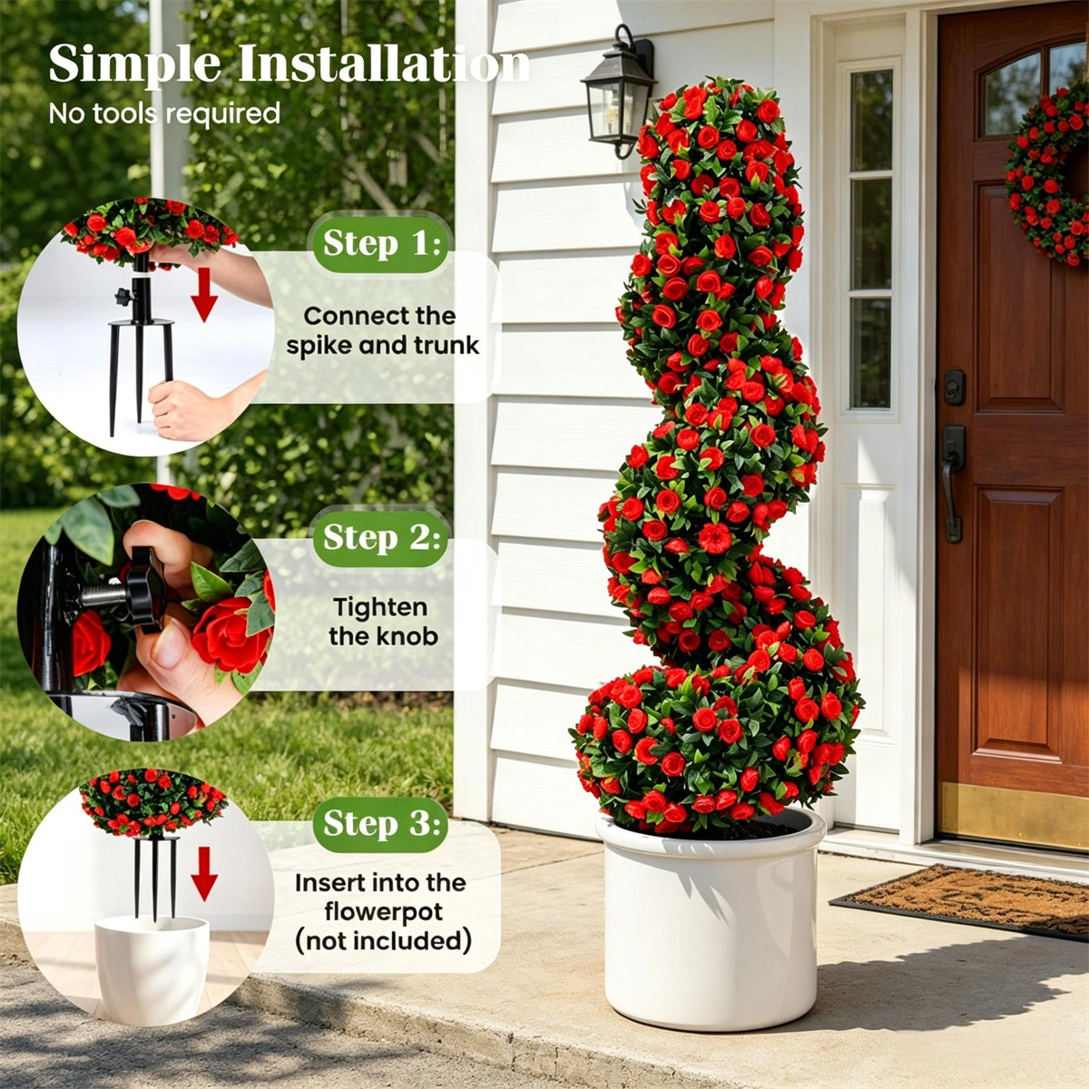 2 Pack Realistic Lifelike Faux Spiral Plant, All-Weather PE Artificial Flower Shrub for Indoor Outdoor Home Garden Decoration - Red view 4