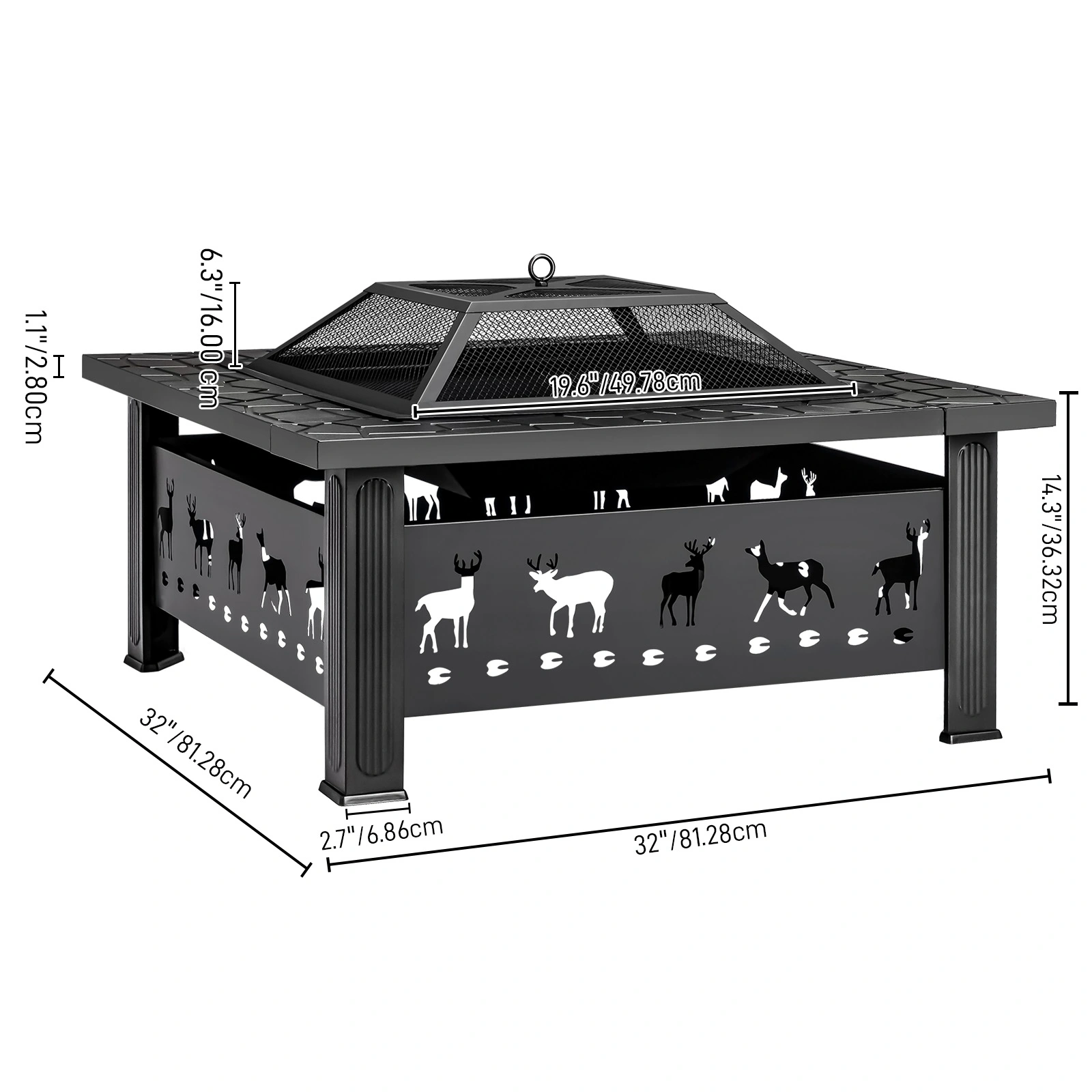 32" Square Outdoor Wood Burning Fire Pit Table, Heavy Duty Wrought Iron Firepit w/ Pyramid Spark Screen Lid & Fire Poker, Elk Cutout Patio Fire Pit, Black view 2