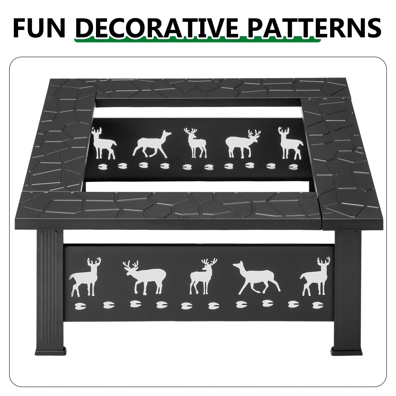 32" Square Outdoor Wood Burning Fire Pit Table, Heavy Duty Wrought Iron Firepit w/ Pyramid Spark Screen Lid & Fire Poker, Elk Cutout Patio Fire Pit, Black view 3