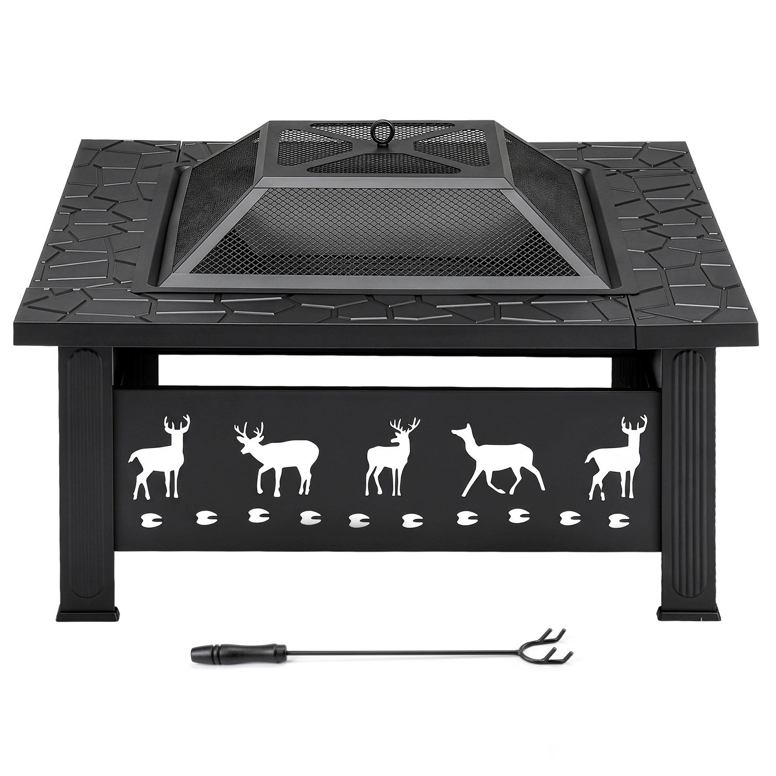32" Square Outdoor Wood Burning Fire Pit Table, Heavy Duty Wrought Iron Firepit w/ Pyramid Spark Screen Lid & Fire Poker, Elk Cutout Patio Fire Pit, Black view 5