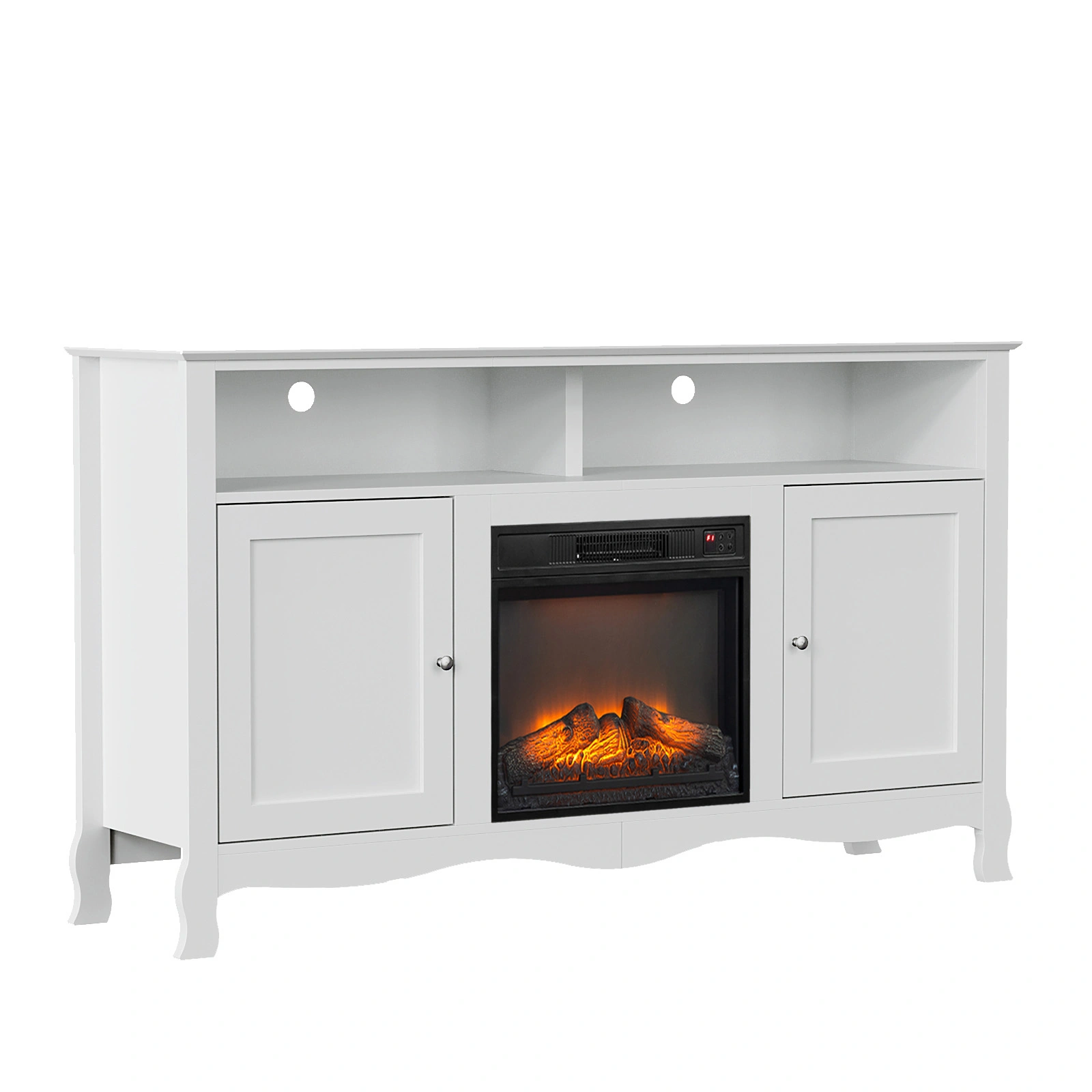 58" White French Style Electric Fireplace TV Stand Console with Curved Legs, 18" Insert Compatible
