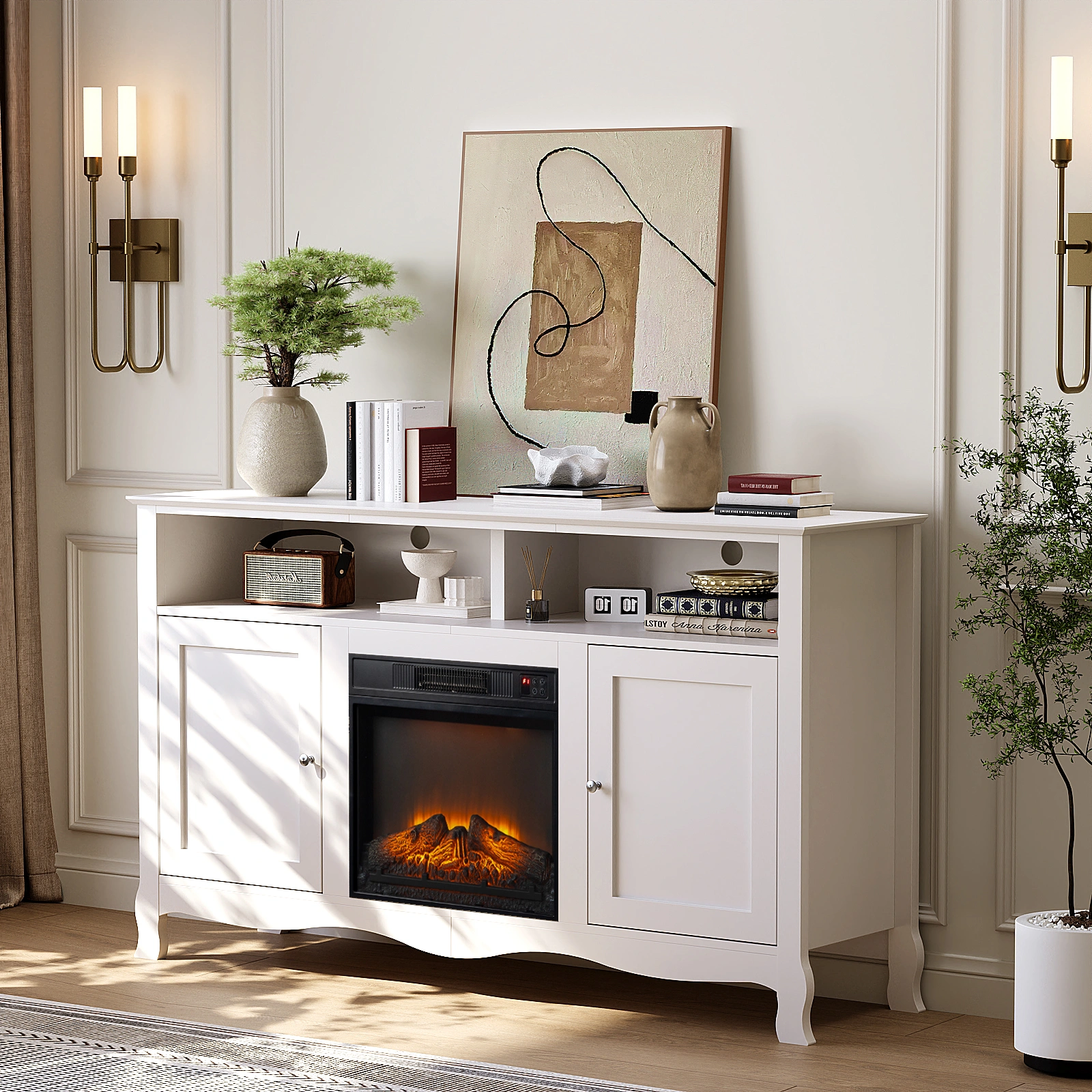 58" White French Style Electric Fireplace TV Stand Console with Curved Legs, 18" Insert Compatible view 14
