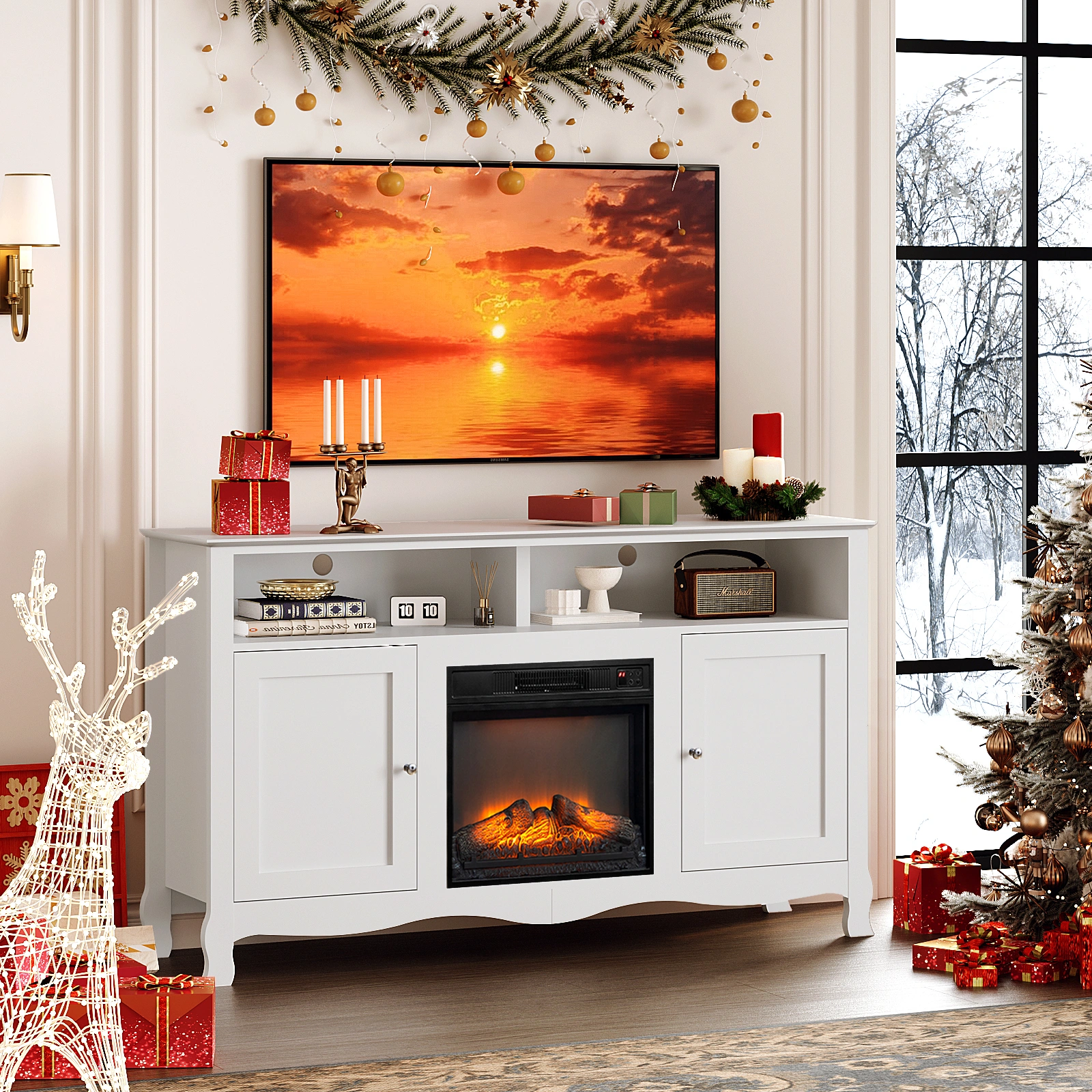 58" White French Style Electric Fireplace TV Stand Console with Curved Legs, 18" Insert Compatible view 15