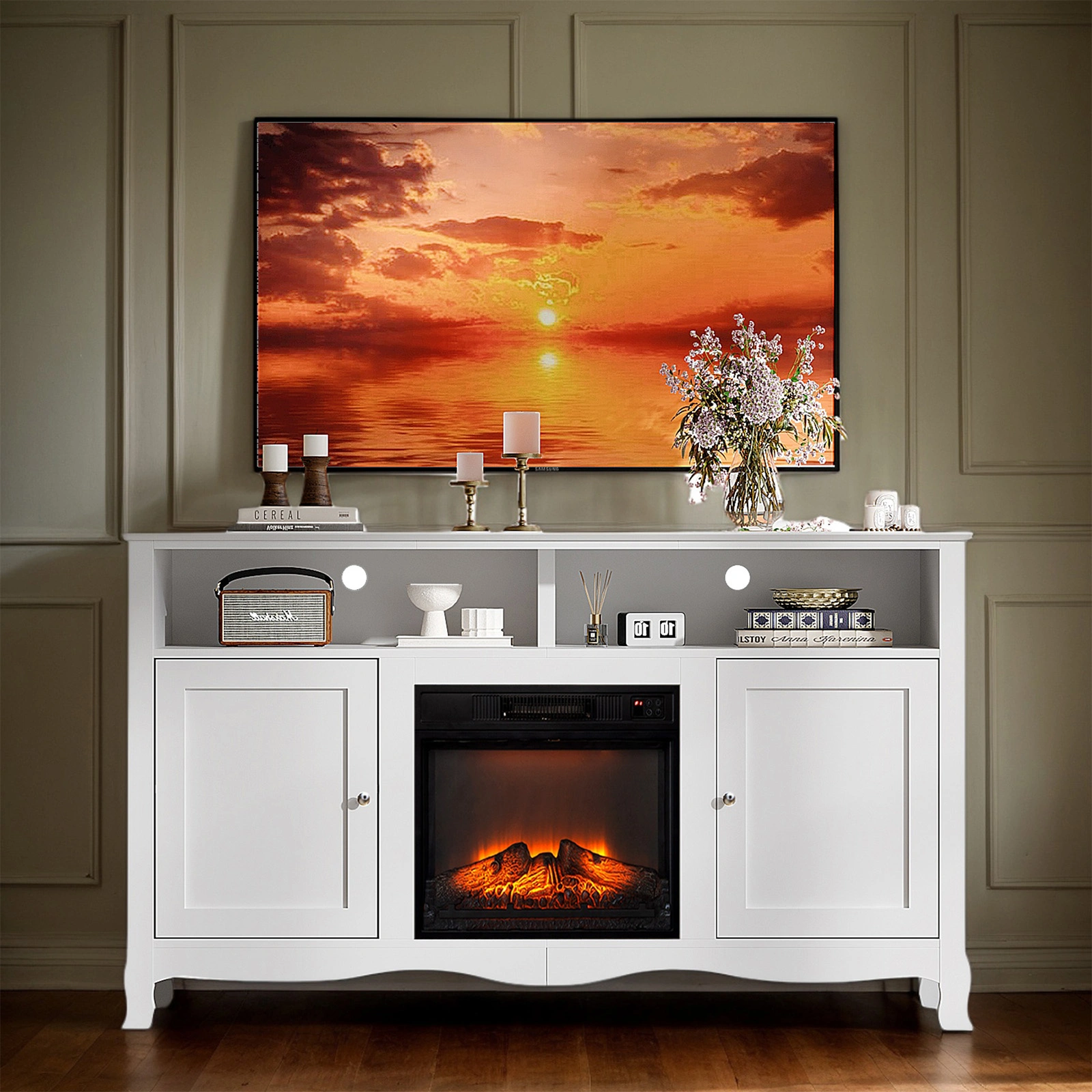 58" White French Style Electric Fireplace TV Stand Console with Curved Legs, 18" Insert Compatible view 16