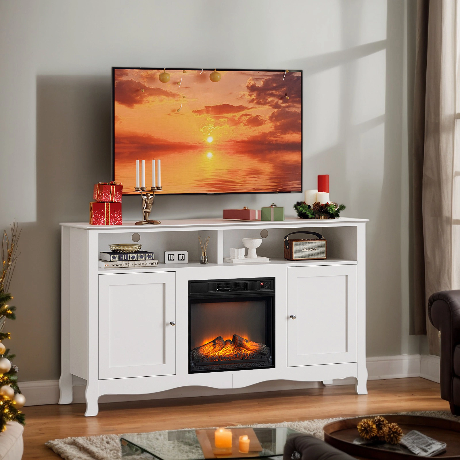 58" White French Style Electric Fireplace TV Stand Console with Curved Legs, 18" Insert Compatible view 17