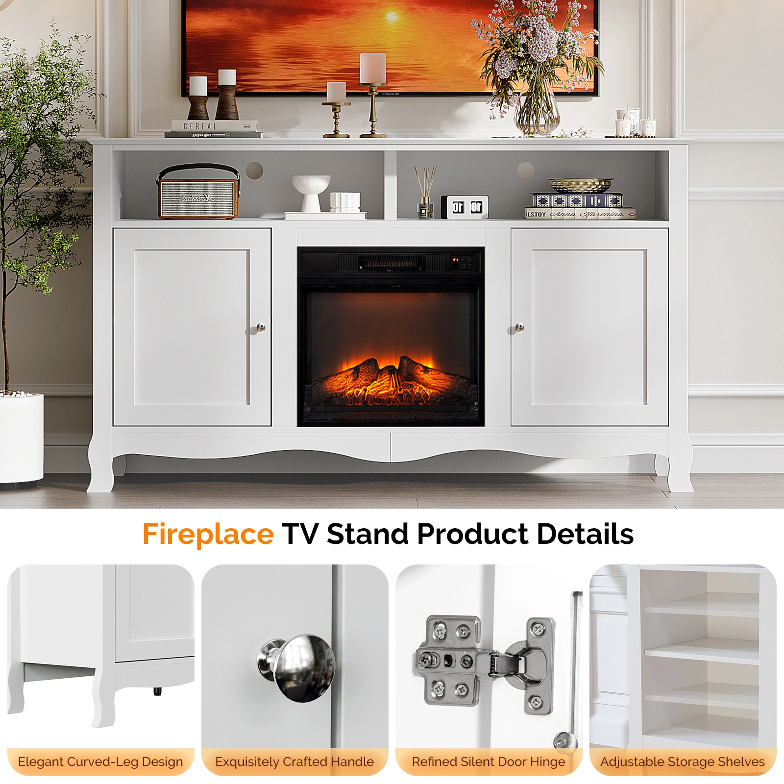 58" White French Style Electric Fireplace TV Stand Console with Curved Legs, 18" Insert Compatible view 3