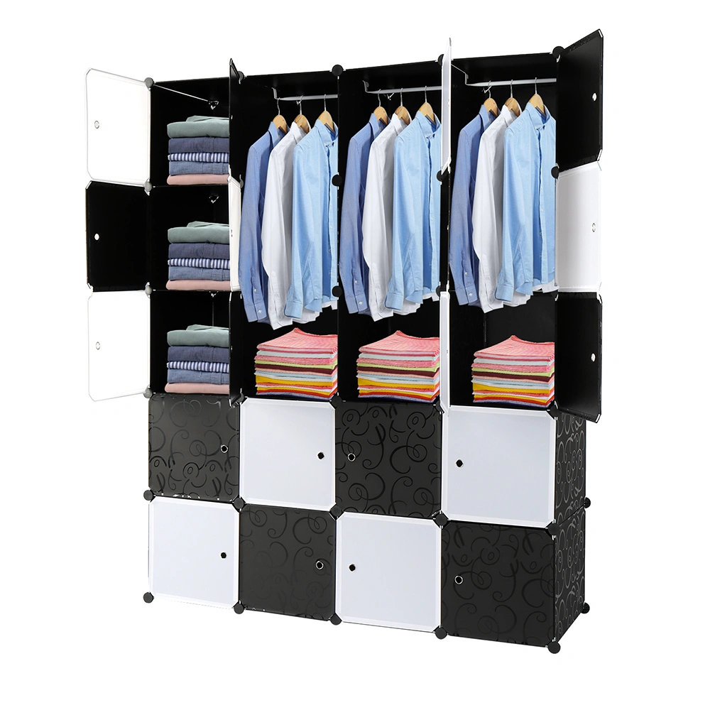 20 Cube Stackable Plastic Storage Shelves Organizer Modular Closet Cabinet with Hanging Rod Black White