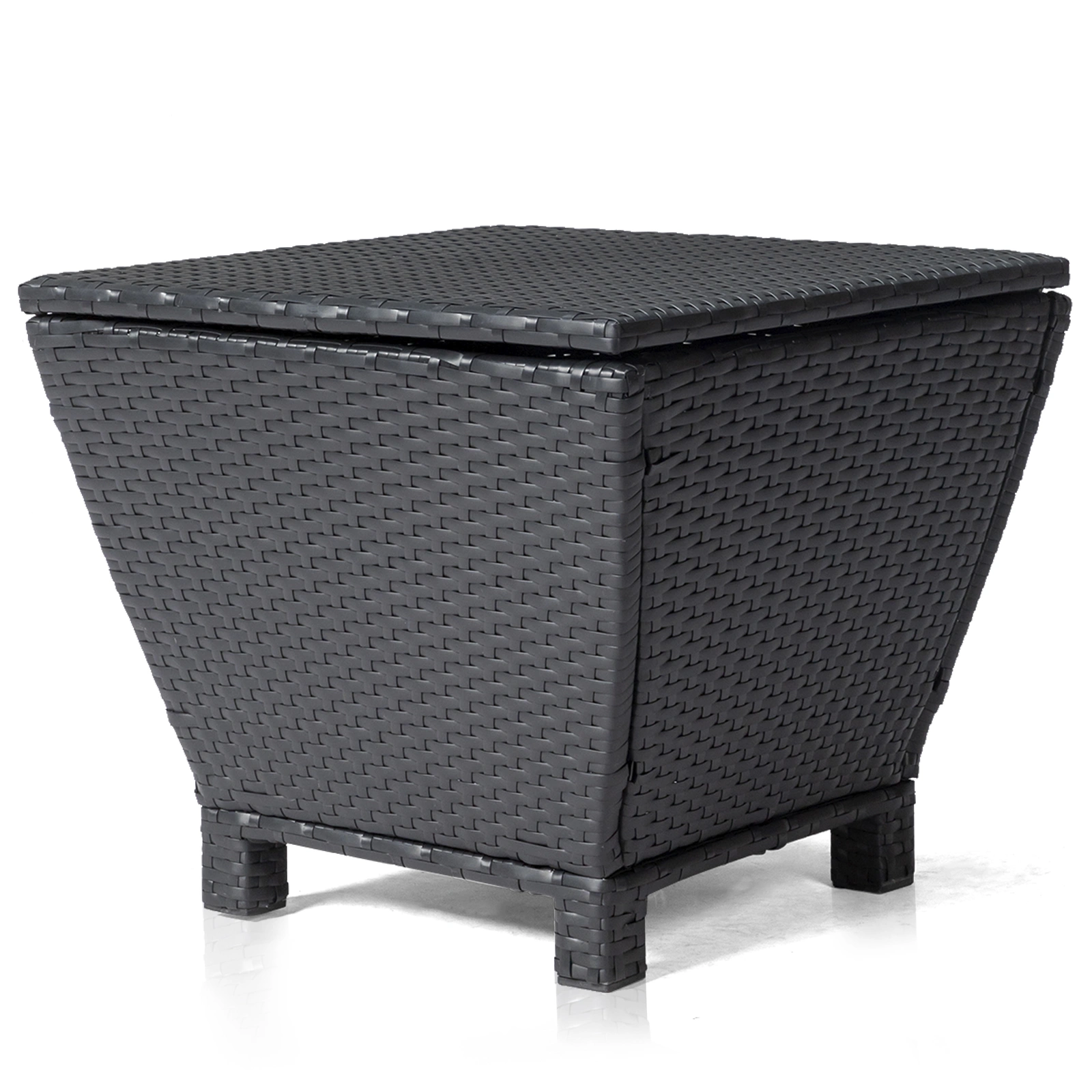 Outdoor PE Wicker Side Table with Storage, Small Patio Storage Bin Container for Hose Cushion Towel, Black