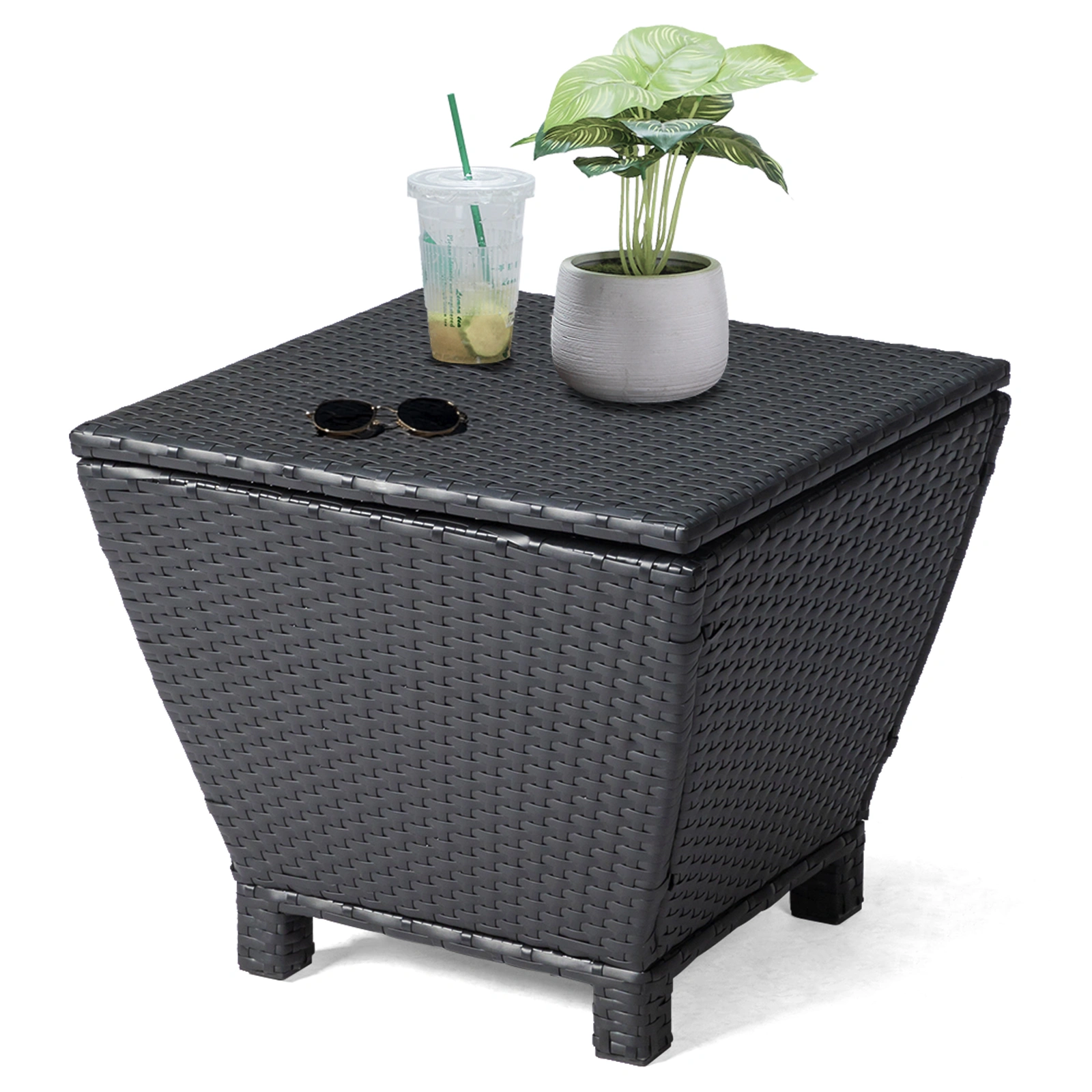 Outdoor PE Wicker Side Table with Storage, Small Patio Storage Bin Container for Hose Cushion Towel, Black view 10