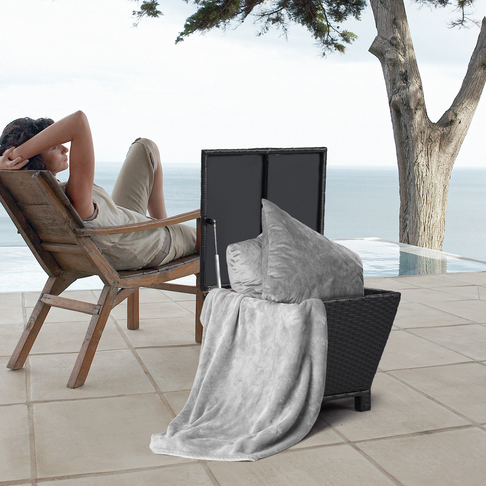 Outdoor PE Wicker Side Table with Storage, Small Patio Storage Bin Container for Hose Cushion Towel, Black view 13