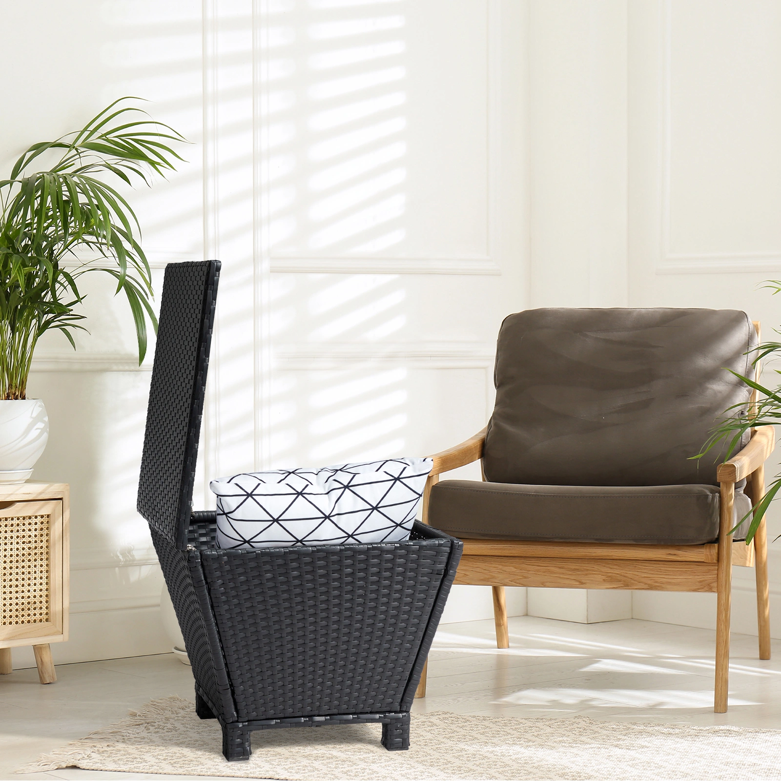 Outdoor PE Wicker Side Table with Storage, Small Patio Storage Bin Container for Hose Cushion Towel, Black view 15