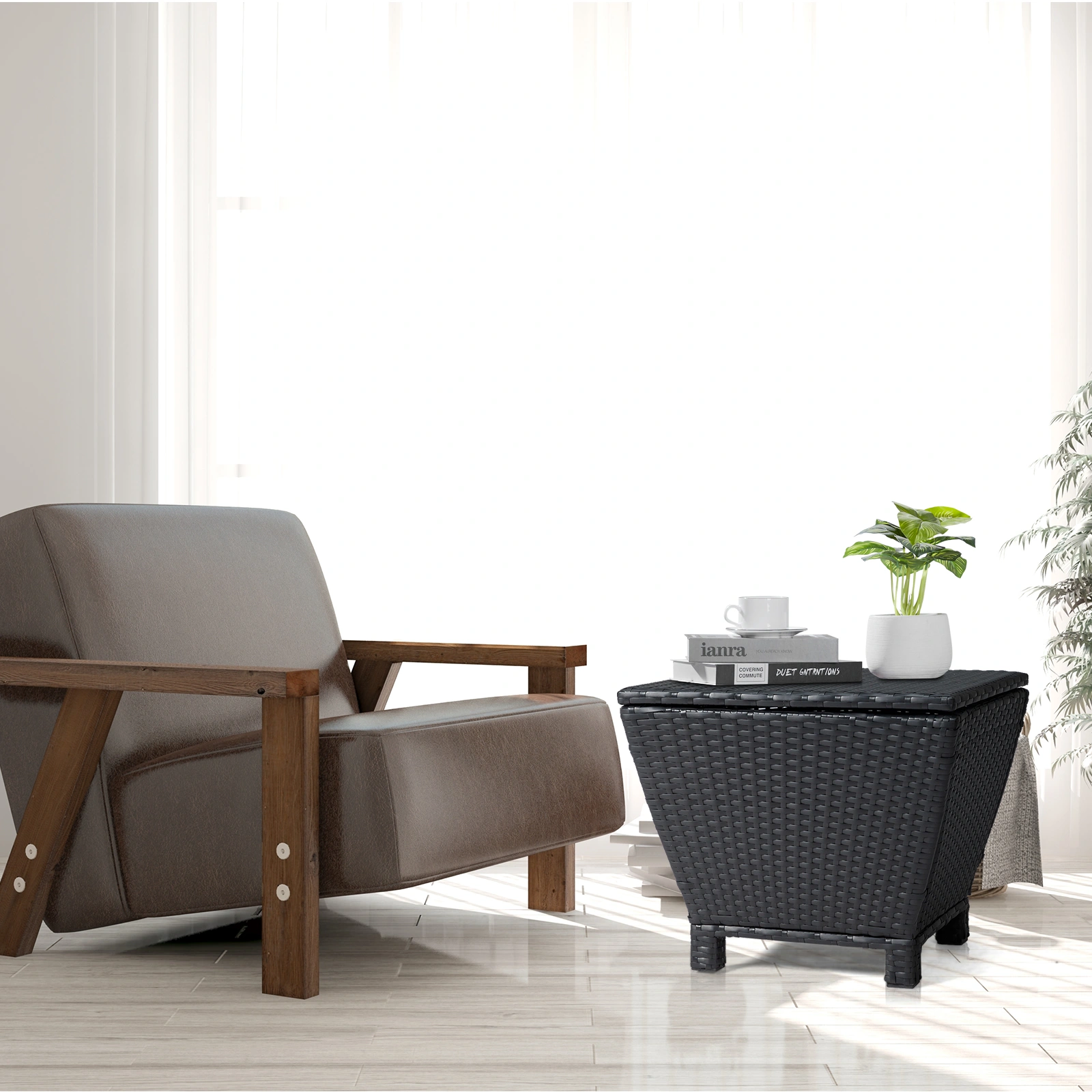 Outdoor PE Wicker Side Table with Storage, Small Patio Storage Bin Container for Hose Cushion Towel, Black view 16