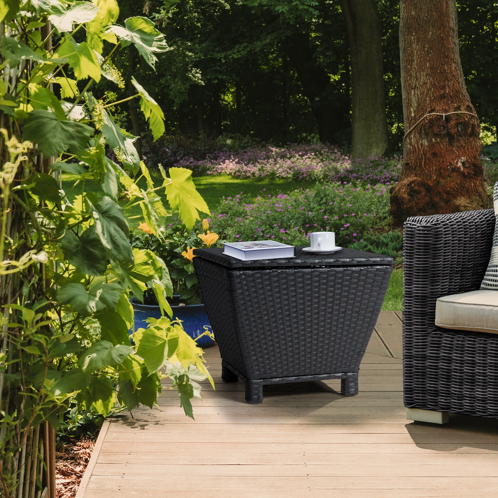 Outdoor PE Wicker Side Table with Storage, Small Patio Storage Bin Container for Hose Cushion Towel, Black view 17