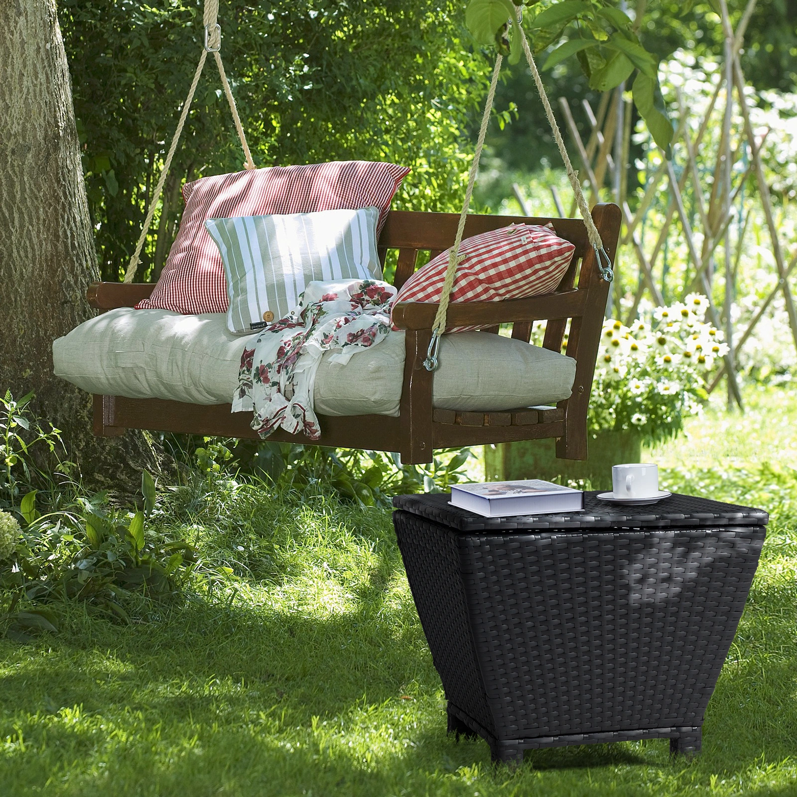 Outdoor PE Wicker Side Table with Storage, Small Patio Storage Bin Container for Hose Cushion Towel, Black view 18