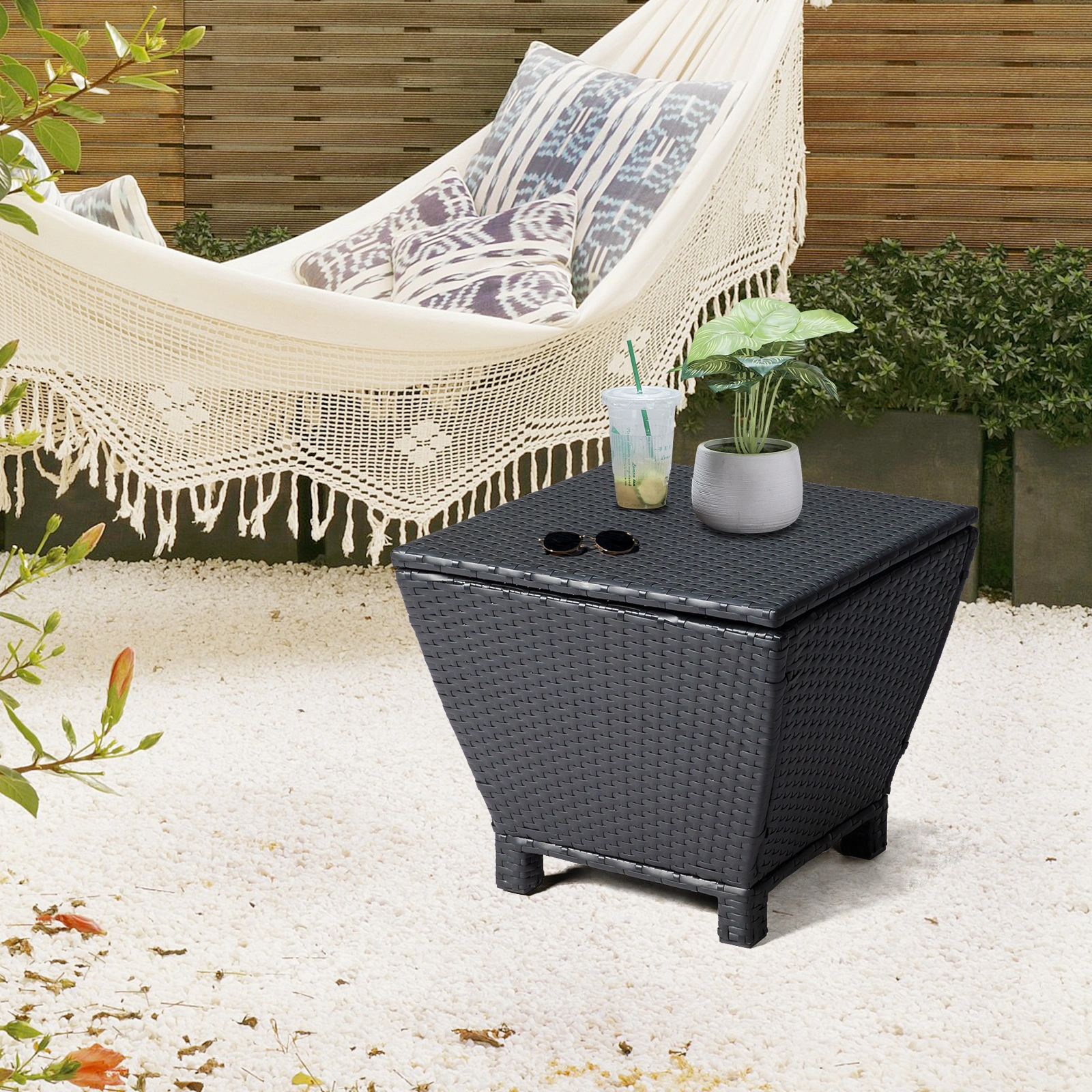 Outdoor PE Wicker Side Table with Storage, Small Patio Storage Bin Container for Hose Cushion Towel, Black view 19