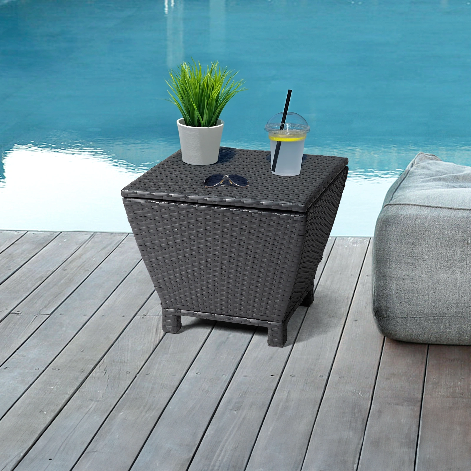 Outdoor PE Wicker Side Table with Storage, Small Patio Storage Bin Container for Hose Cushion Towel, Black view 20