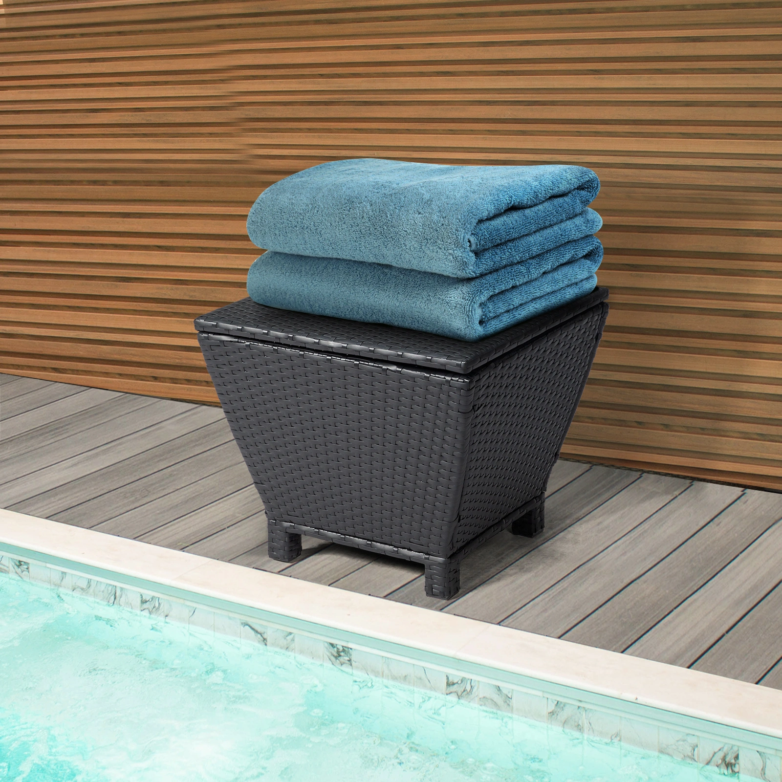 Outdoor PE Wicker Side Table with Storage, Small Patio Storage Bin Container for Hose Cushion Towel, Black view 21