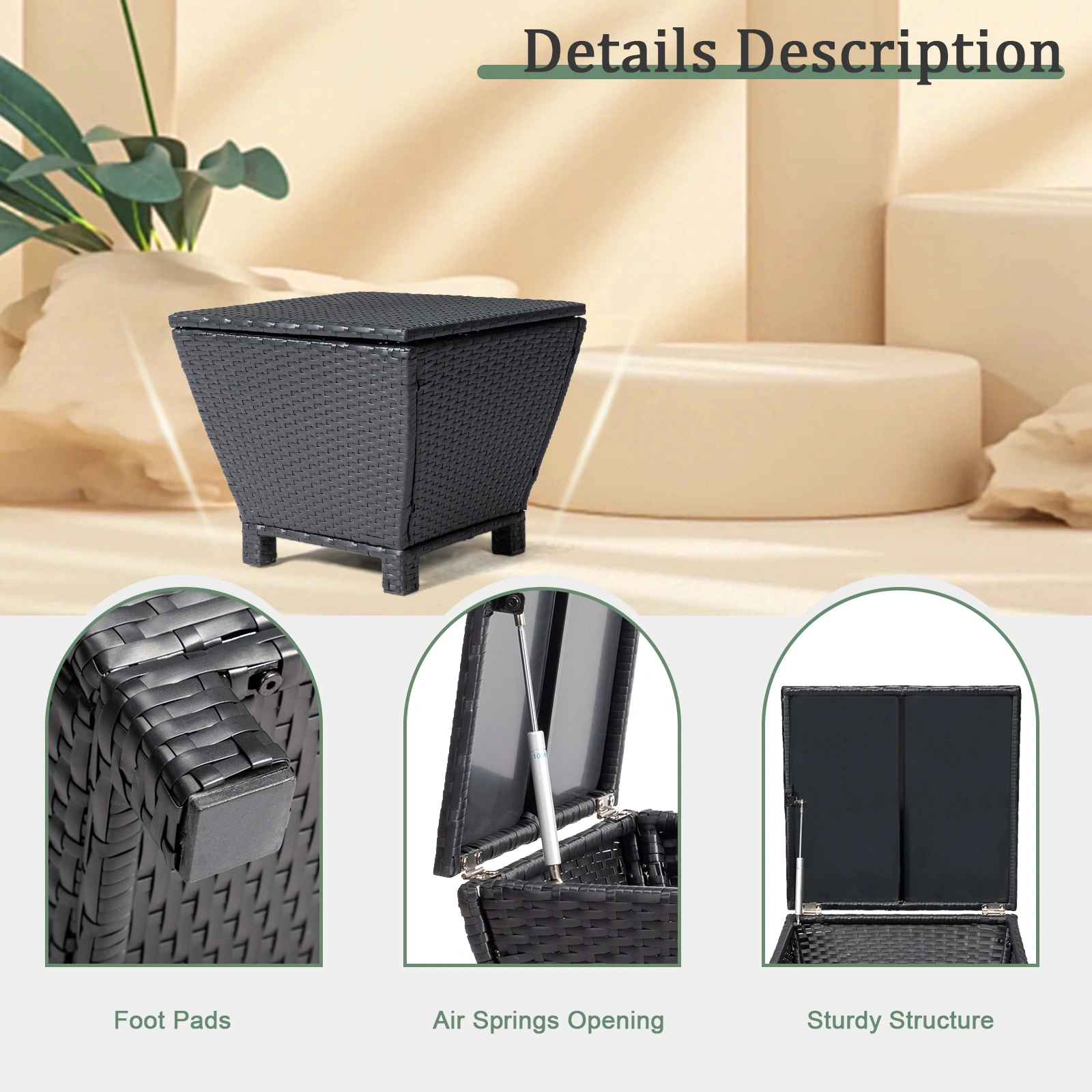 Outdoor PE Wicker Side Table with Storage, Small Patio Storage Bin Container for Hose Cushion Towel, Black view 24
