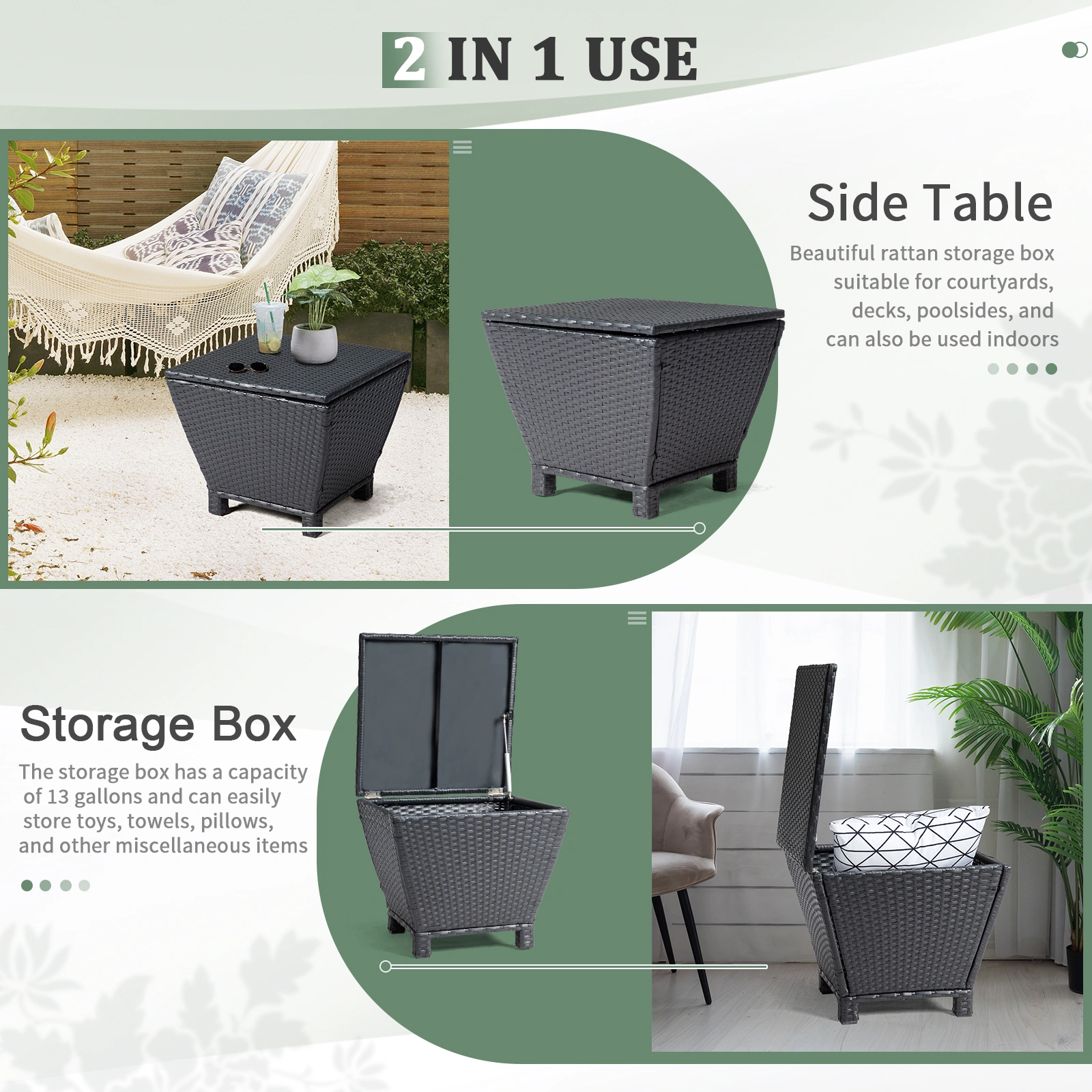 Outdoor PE Wicker Side Table with Storage, Small Patio Storage Bin Container for Hose Cushion Towel, Black view 25