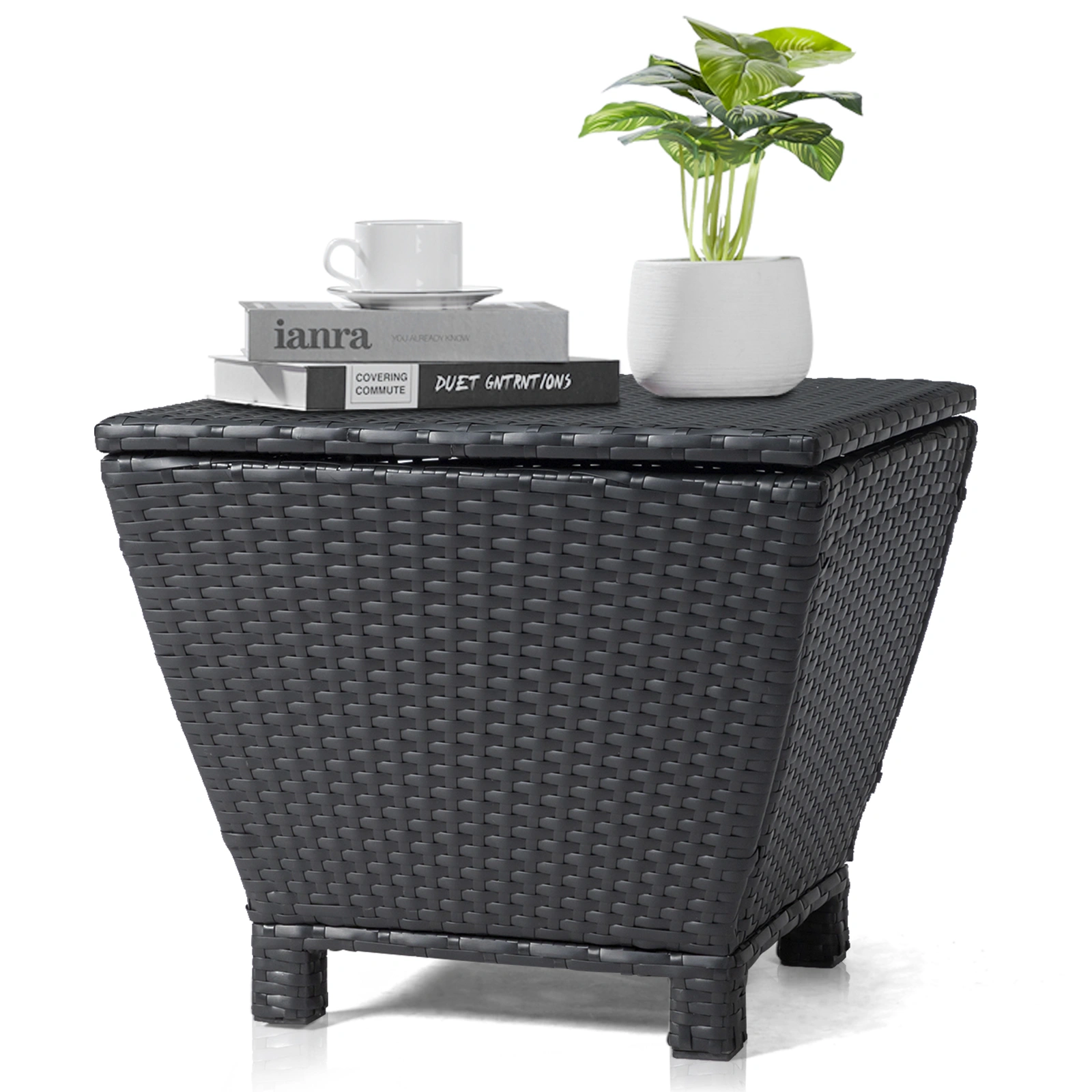Outdoor PE Wicker Side Table with Storage, Small Patio Storage Bin Container for Hose Cushion Towel, Black view 26