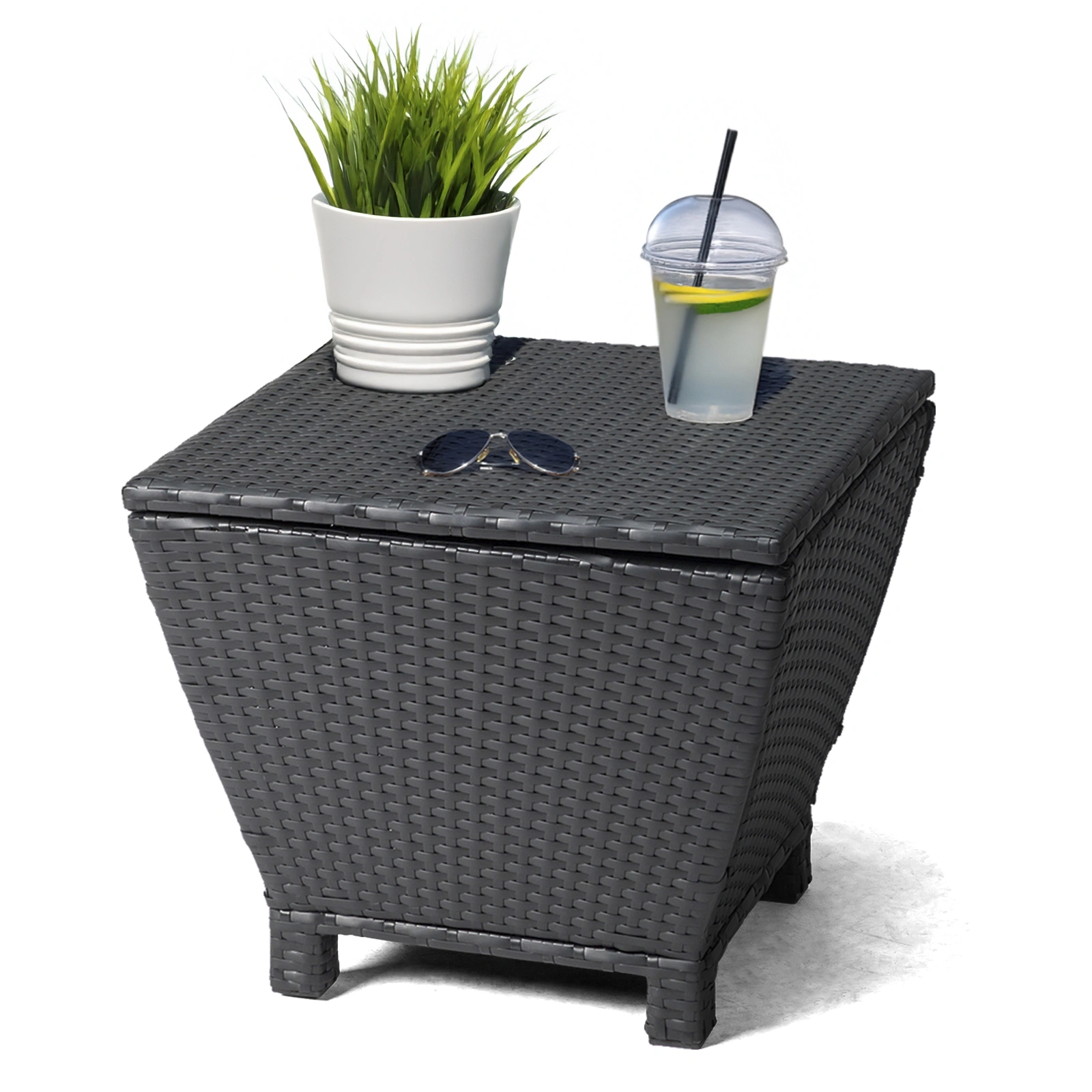 Outdoor PE Wicker Side Table with Storage, Small Patio Storage Bin Container for Hose Cushion Towel, Black view 9