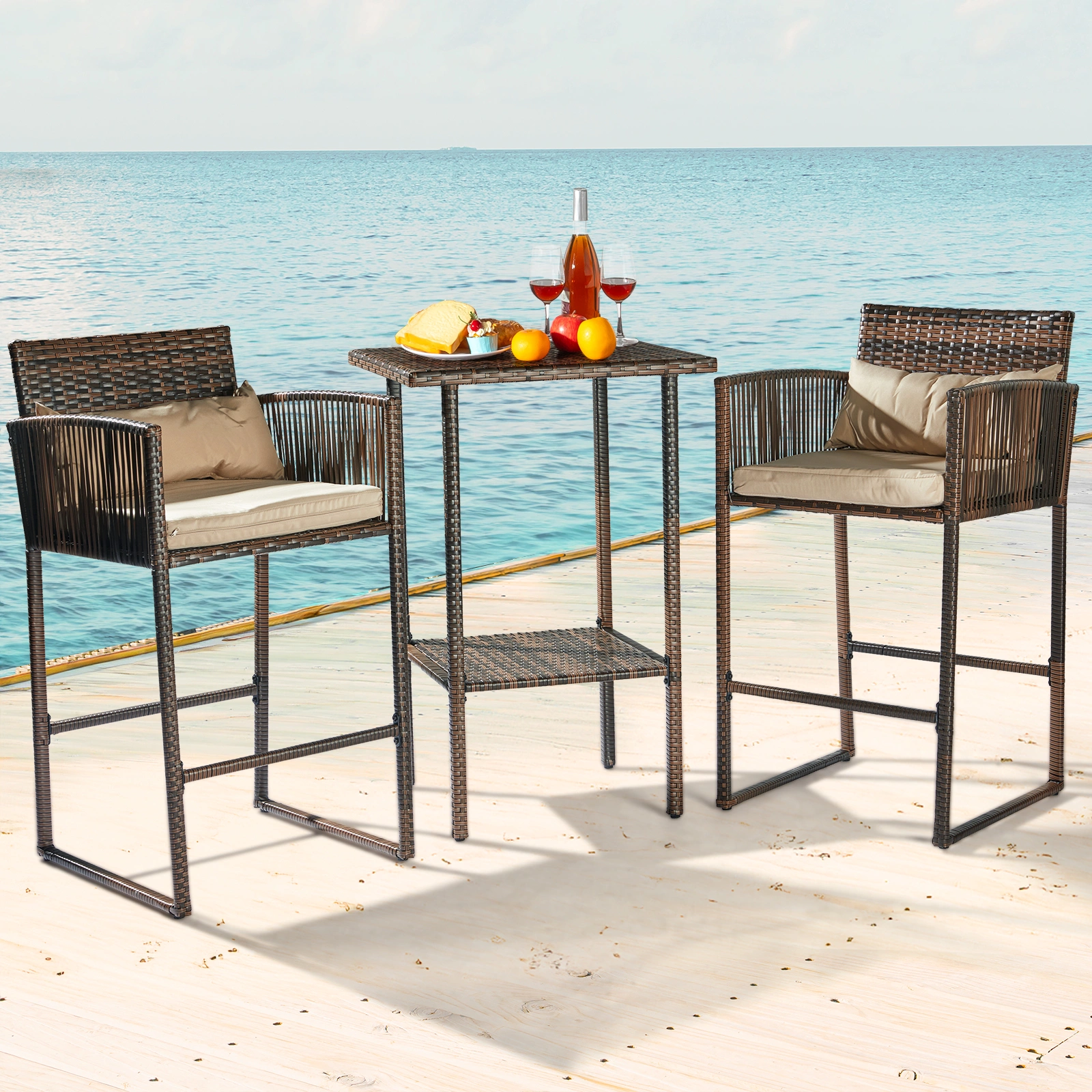Outdoor 3 Piece Patio Bar Set, Bar Height Bistro Table Set for 2 People, High Top Wicker Bar Stools and Table Outdoor Bar Set with Cushions and Pillows, Brown Gradient Rattan & Beige Cushion