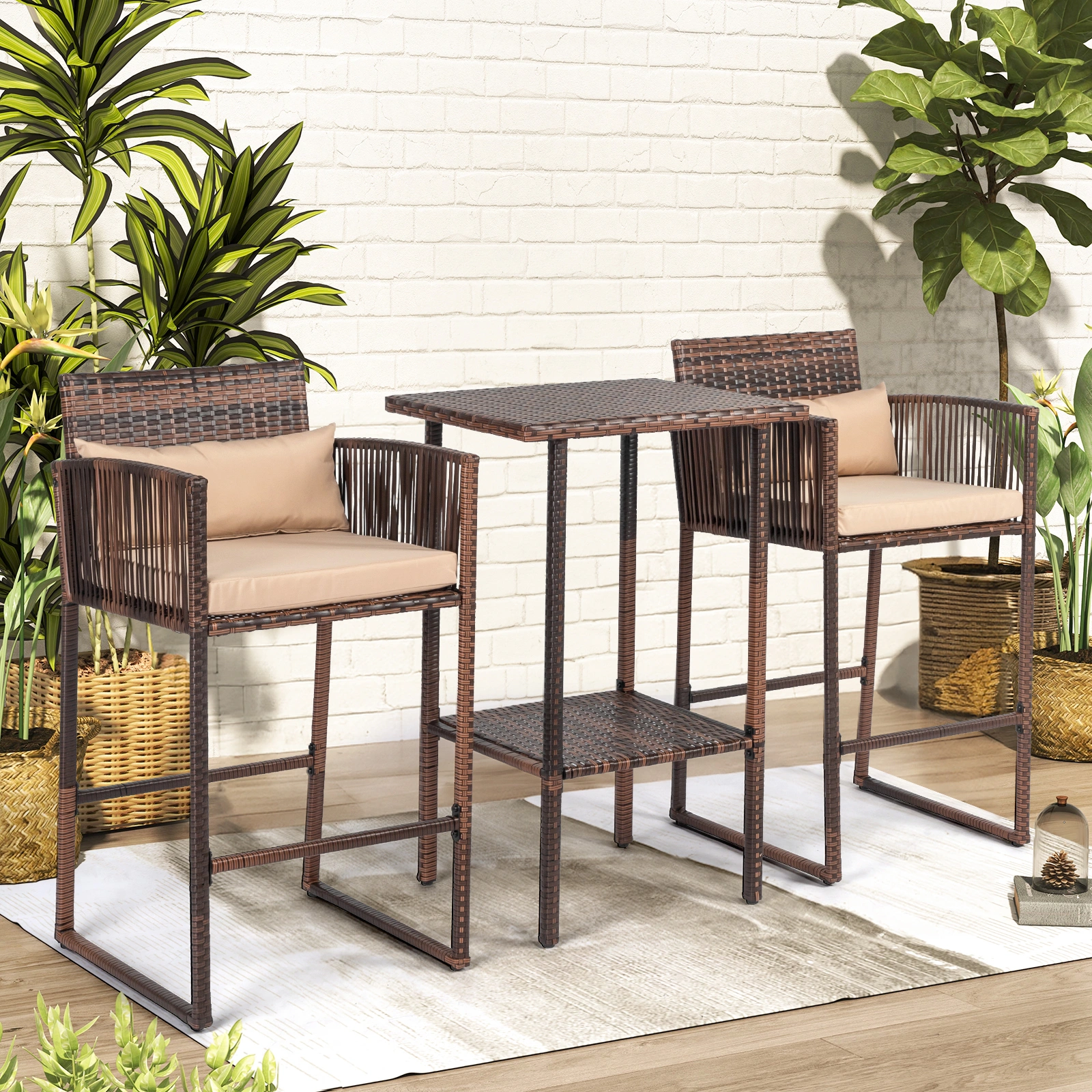 Outdoor 3 Piece Patio Bar Set, Bar Height Bistro Table Set for 2 People, High Top Wicker Bar Stools and Table Outdoor Bar Set with Cushions and Pillows, Brown Gradient Rattan & Beige Cushion view 10