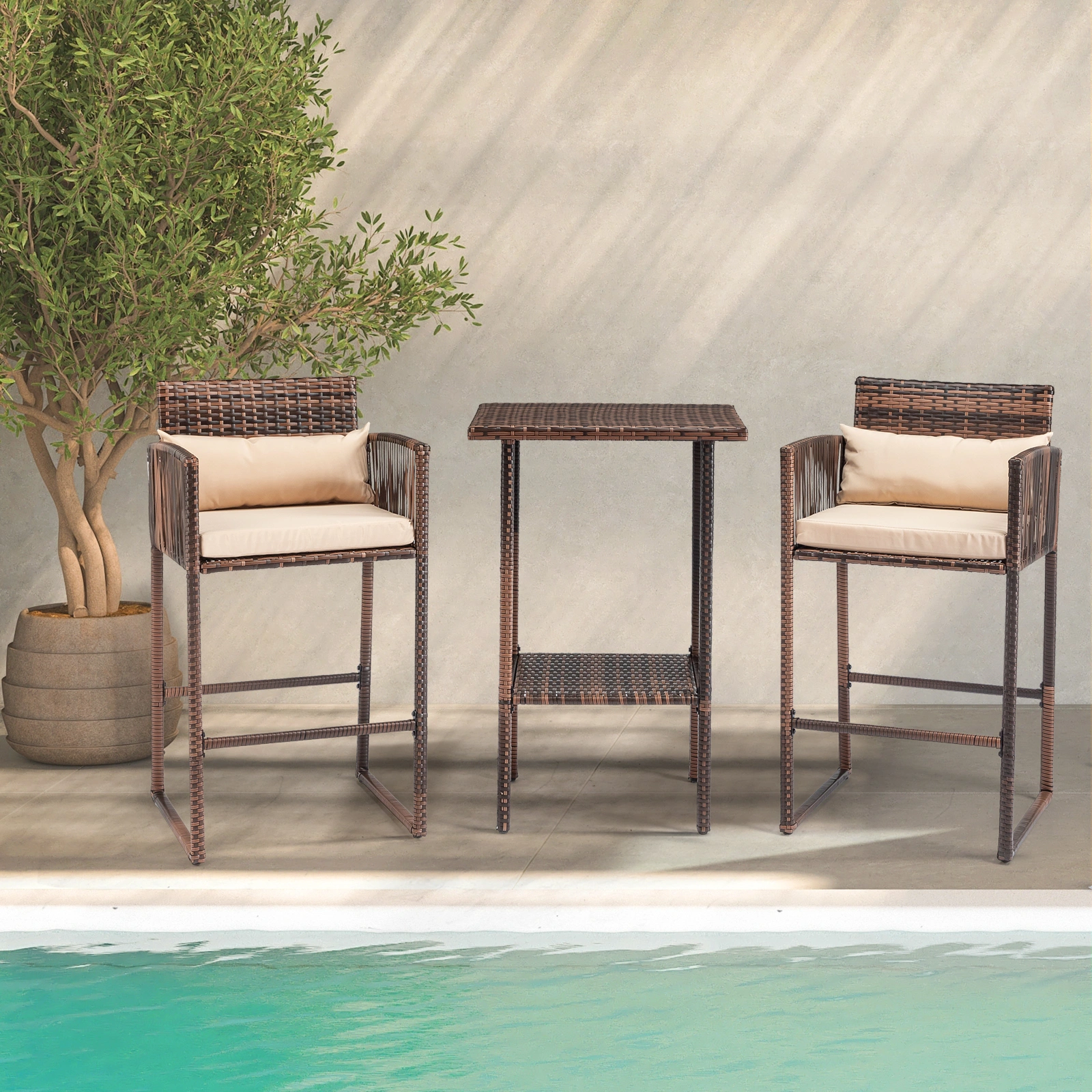 Outdoor 3 Piece Patio Bar Set, Bar Height Bistro Table Set for 2 People, High Top Wicker Bar Stools and Table Outdoor Bar Set with Cushions and Pillows, Brown Gradient Rattan & Beige Cushion view 11
