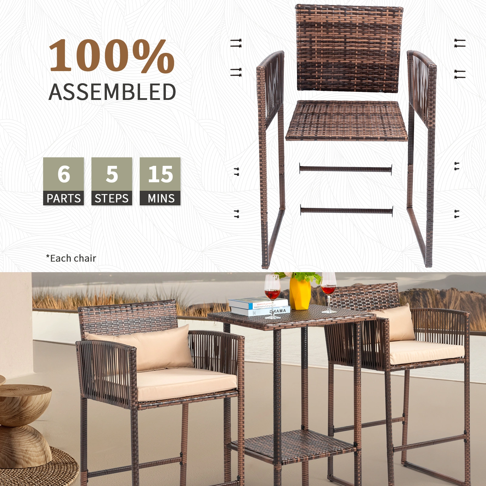 Outdoor 3 Piece Patio Bar Set, Bar Height Bistro Table Set for 2 People, High Top Wicker Bar Stools and Table Outdoor Bar Set with Cushions and Pillows, Brown Gradient Rattan & Beige Cushion view 12