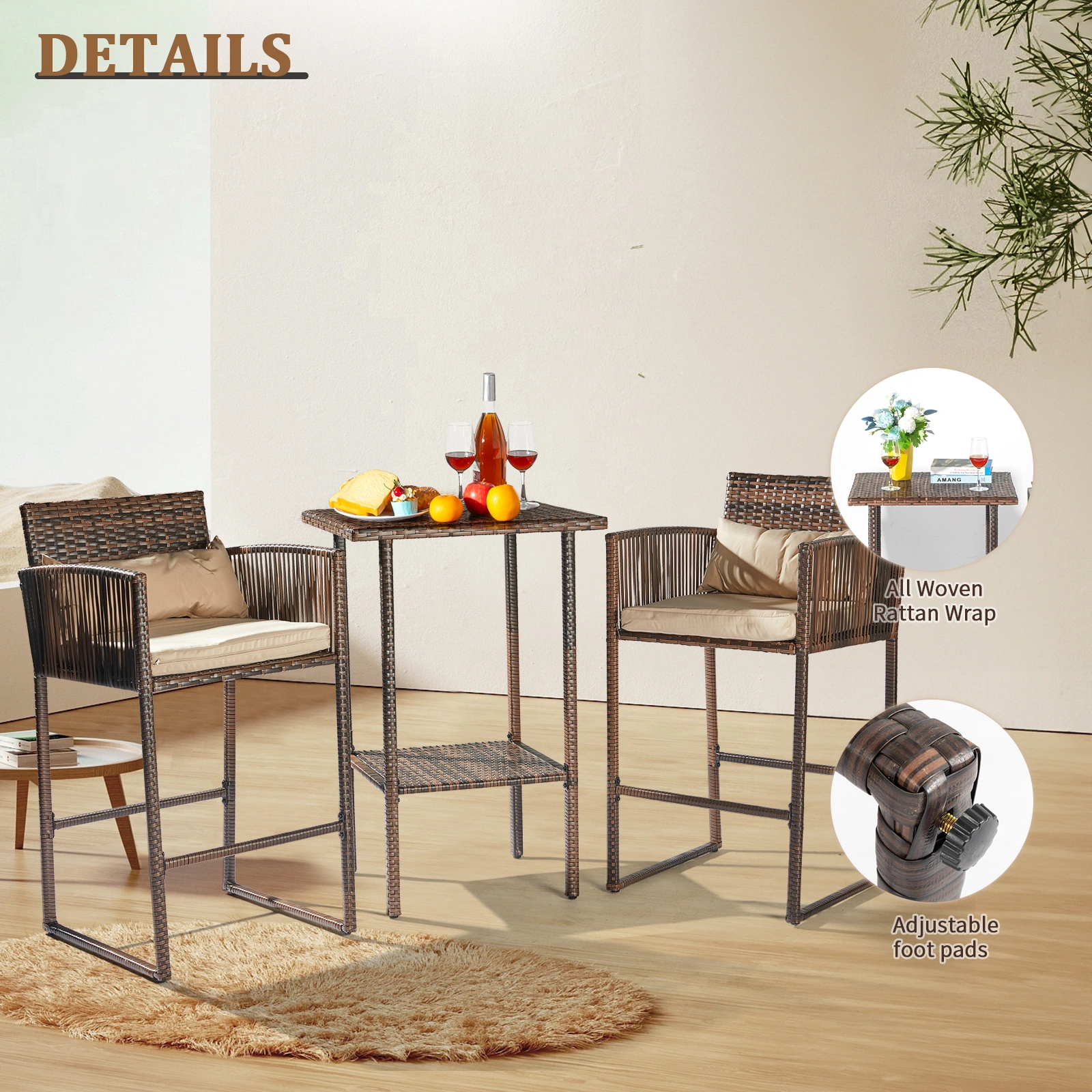 Outdoor 3 Piece Patio Bar Set, Bar Height Bistro Table Set for 2 People, High Top Wicker Bar Stools and Table Outdoor Bar Set with Cushions and Pillows, Brown Gradient Rattan & Beige Cushion view 14