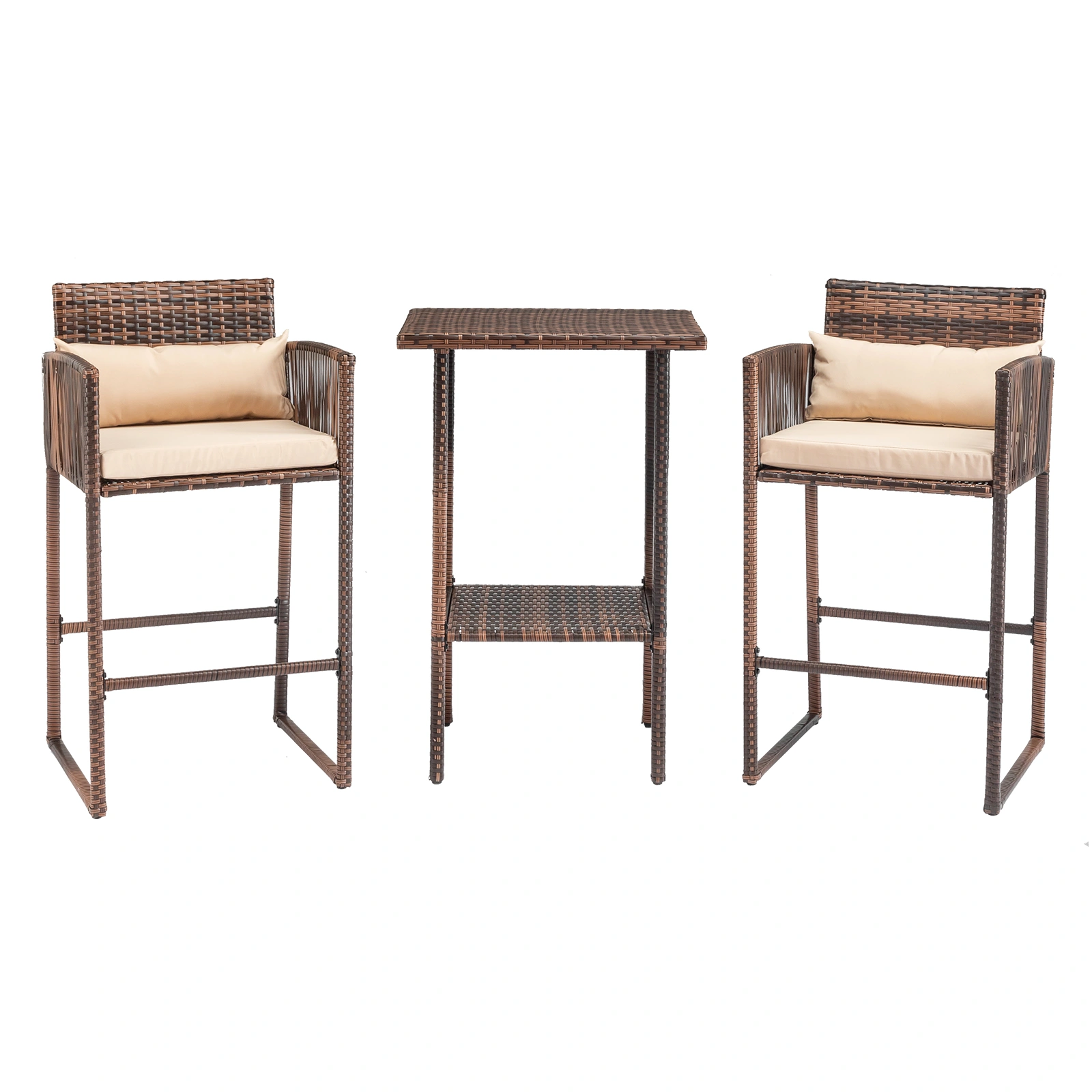 Outdoor 3 Piece Patio Bar Set, Bar Height Bistro Table Set for 2 People, High Top Wicker Bar Stools and Table Outdoor Bar Set with Cushions and Pillows, Brown Gradient Rattan & Beige Cushion view 15