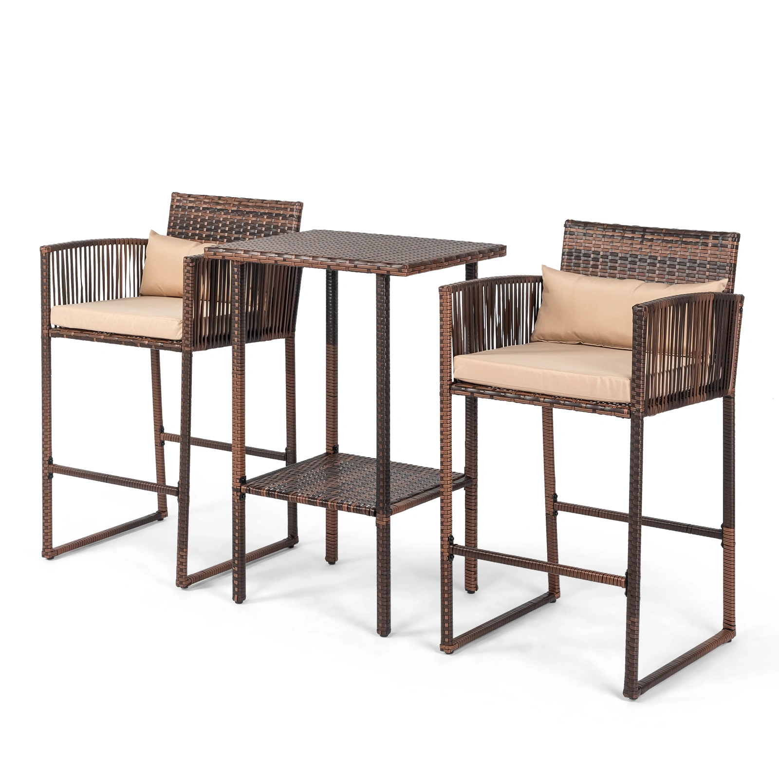 Outdoor 3 Piece Patio Bar Set, Bar Height Bistro Table Set for 2 People, High Top Wicker Bar Stools and Table Outdoor Bar Set with Cushions and Pillows, Brown Gradient Rattan & Beige Cushion view 16