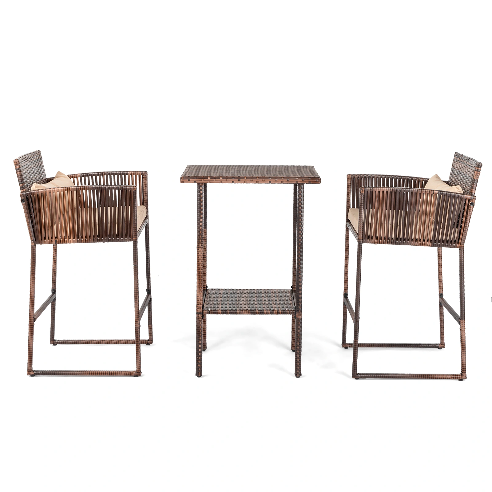 Outdoor 3 Piece Patio Bar Set, Bar Height Bistro Table Set for 2 People, High Top Wicker Bar Stools and Table Outdoor Bar Set with Cushions and Pillows, Brown Gradient Rattan & Beige Cushion view 17
