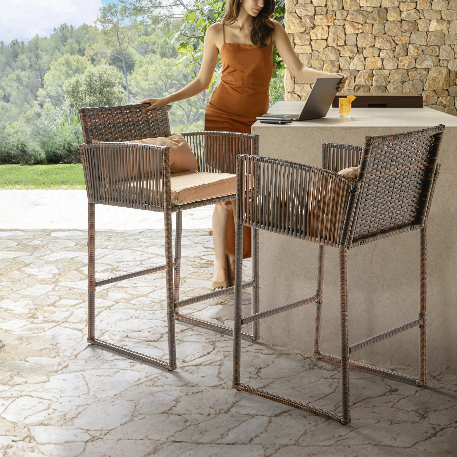 Outdoor 3 Piece Patio Bar Set, Bar Height Bistro Table Set for 2 People, High Top Wicker Bar Stools and Table Outdoor Bar Set with Cushions and Pillows, Brown Gradient Rattan & Beige Cushion view 4