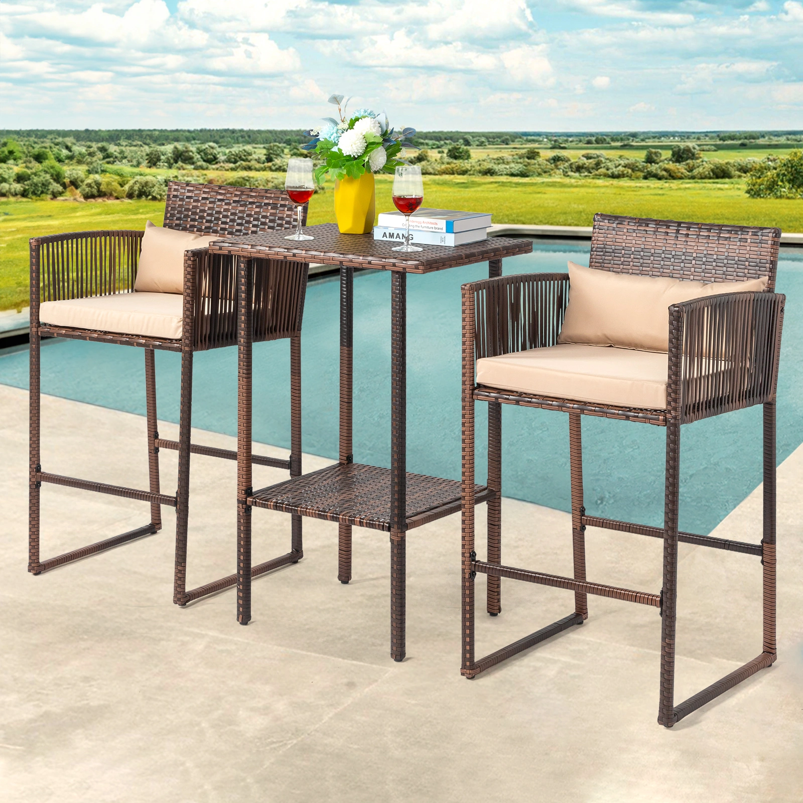 Outdoor 3 Piece Patio Bar Set, Bar Height Bistro Table Set for 2 People, High Top Wicker Bar Stools and Table Outdoor Bar Set with Cushions and Pillows, Brown Gradient Rattan & Beige Cushion view 5