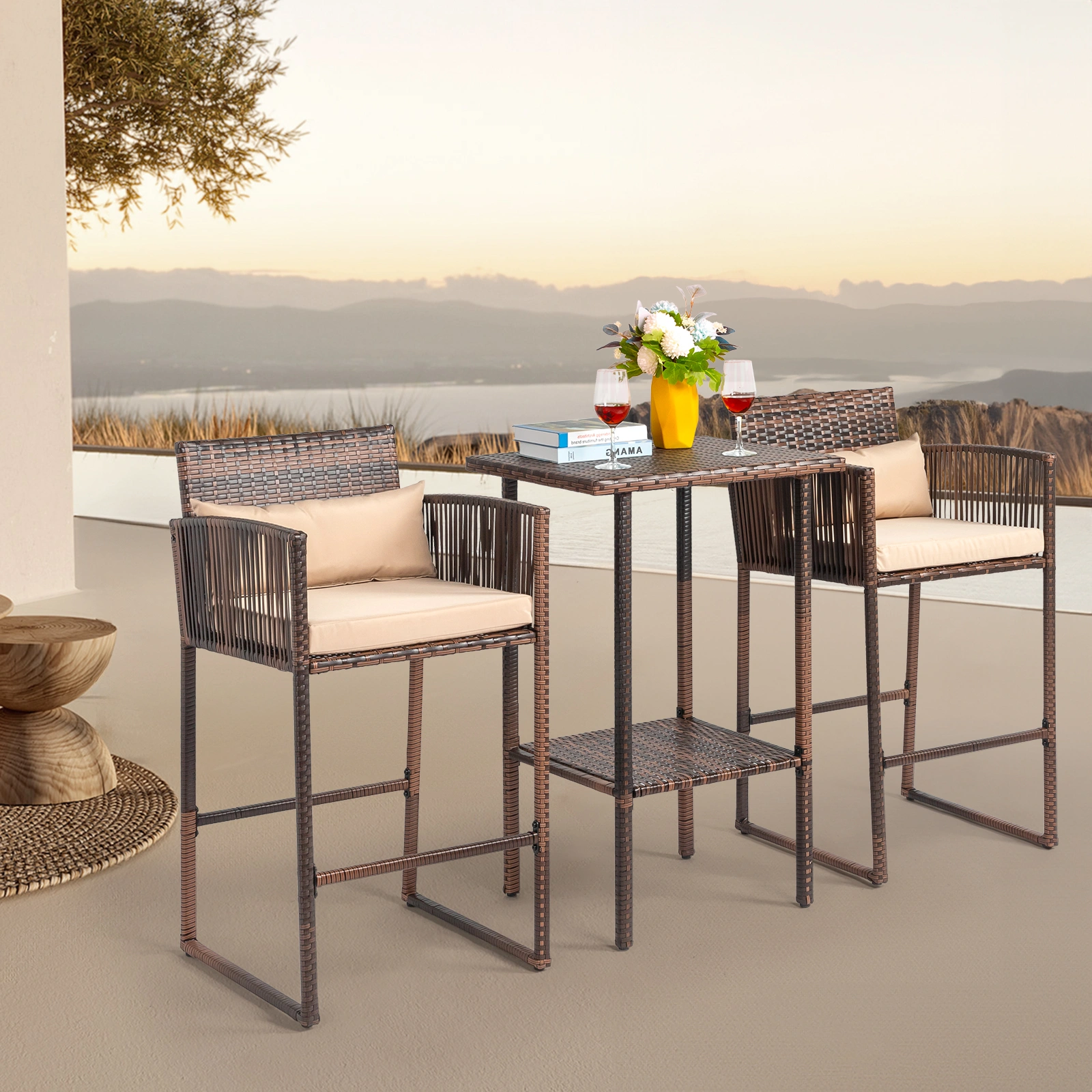 Outdoor 3 Piece Patio Bar Set, Bar Height Bistro Table Set for 2 People, High Top Wicker Bar Stools and Table Outdoor Bar Set with Cushions and Pillows, Brown Gradient Rattan & Beige Cushion view 7