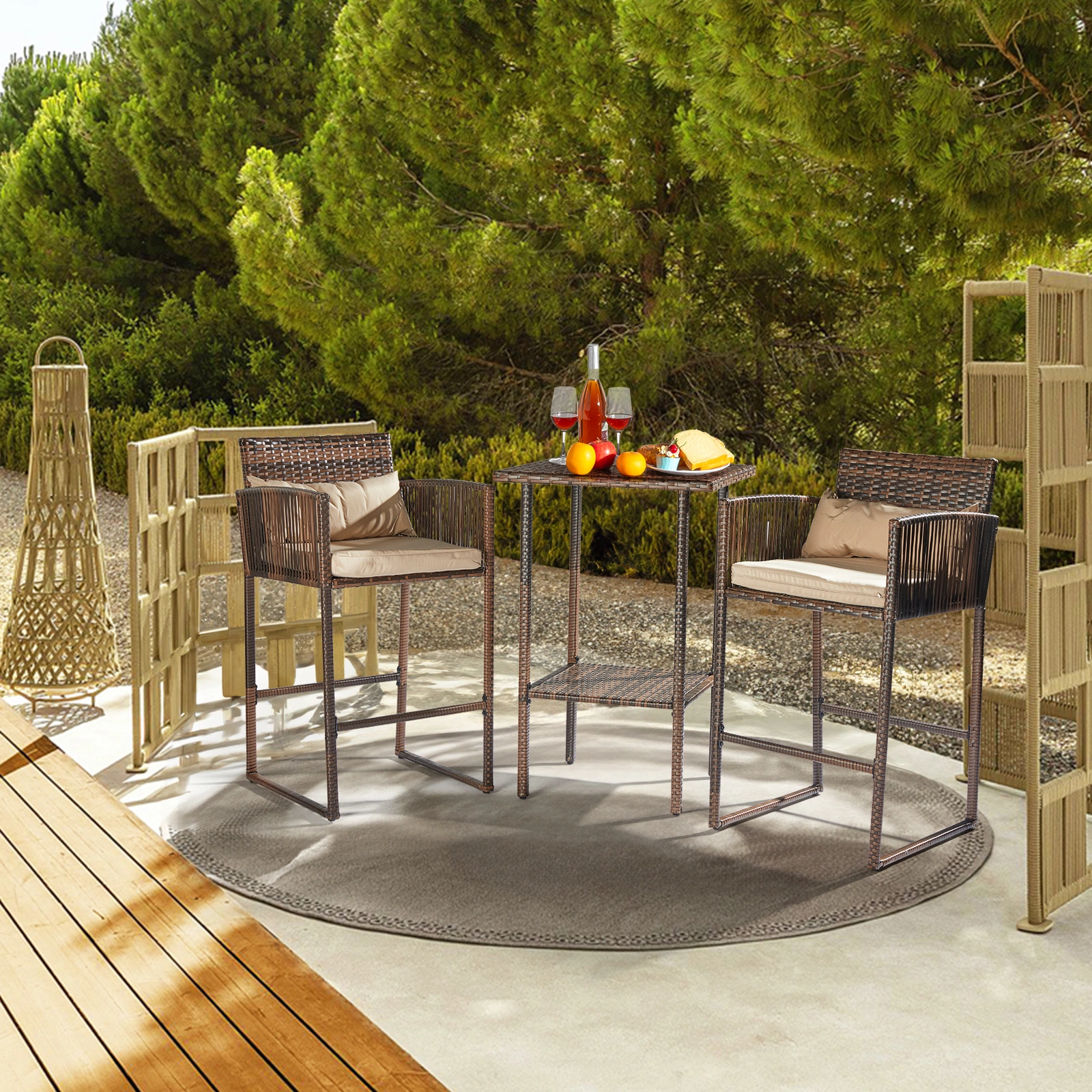 Outdoor 3 Piece Patio Bar Set, Bar Height Bistro Table Set for 2 People, High Top Wicker Bar Stools and Table Outdoor Bar Set with Cushions and Pillows, Brown Gradient Rattan & Beige Cushion view 8