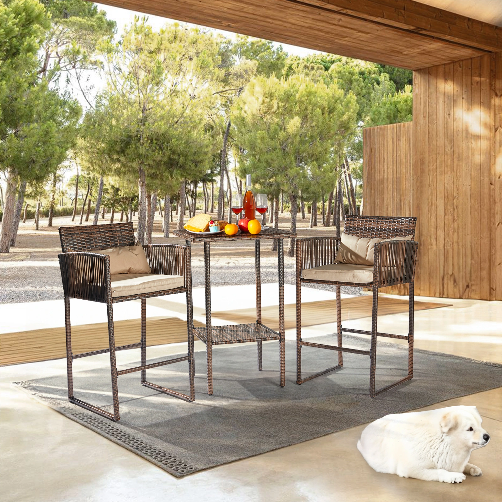 Outdoor 3 Piece Patio Bar Set, Bar Height Bistro Table Set for 2 People, High Top Wicker Bar Stools and Table Outdoor Bar Set with Cushions and Pillows, Brown Gradient Rattan & Beige Cushion view 9