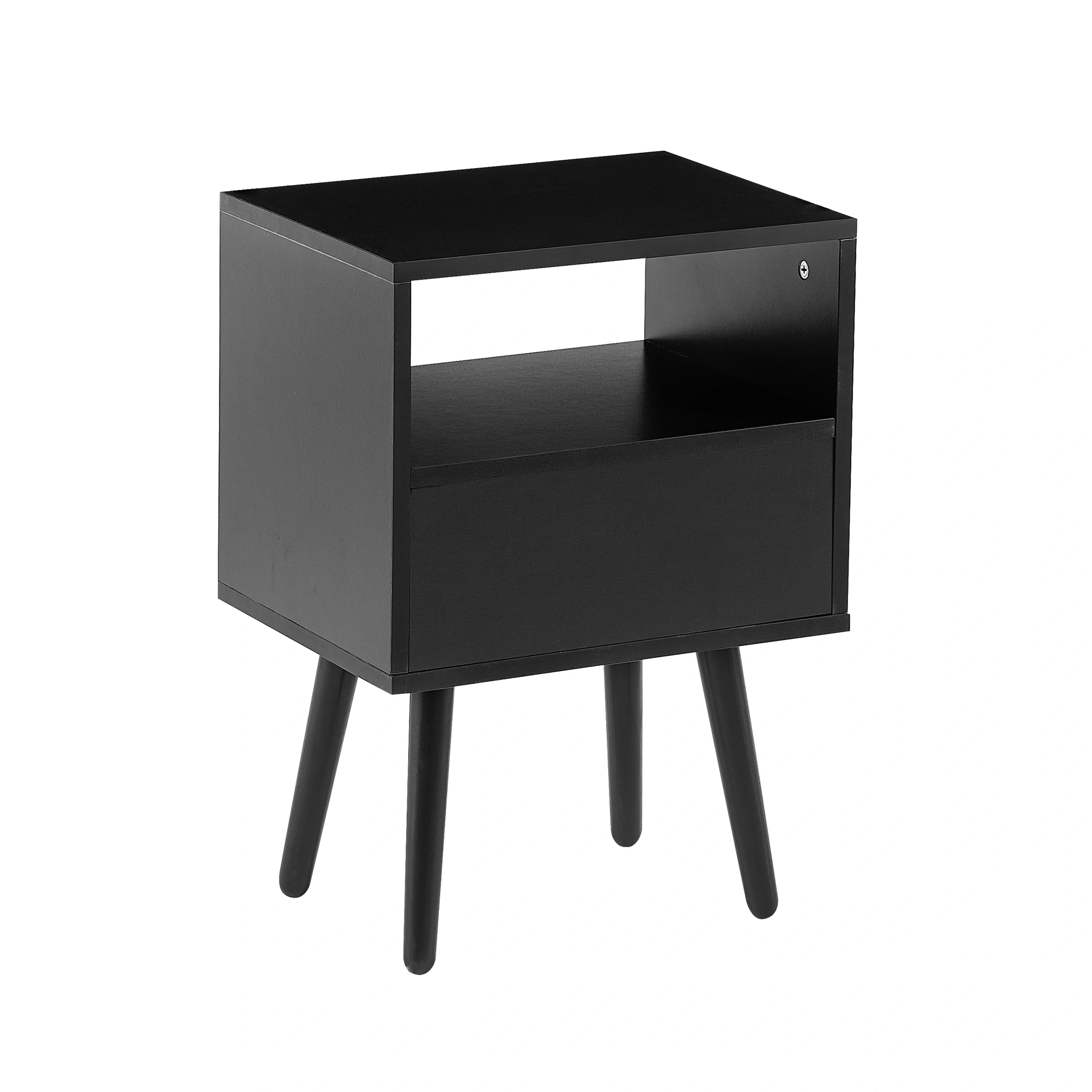 15.75" Rattan End Table with Drawer & Solid Wood Legs, Modern Black Nightstand Side Table for Living Room Bedroom view 11