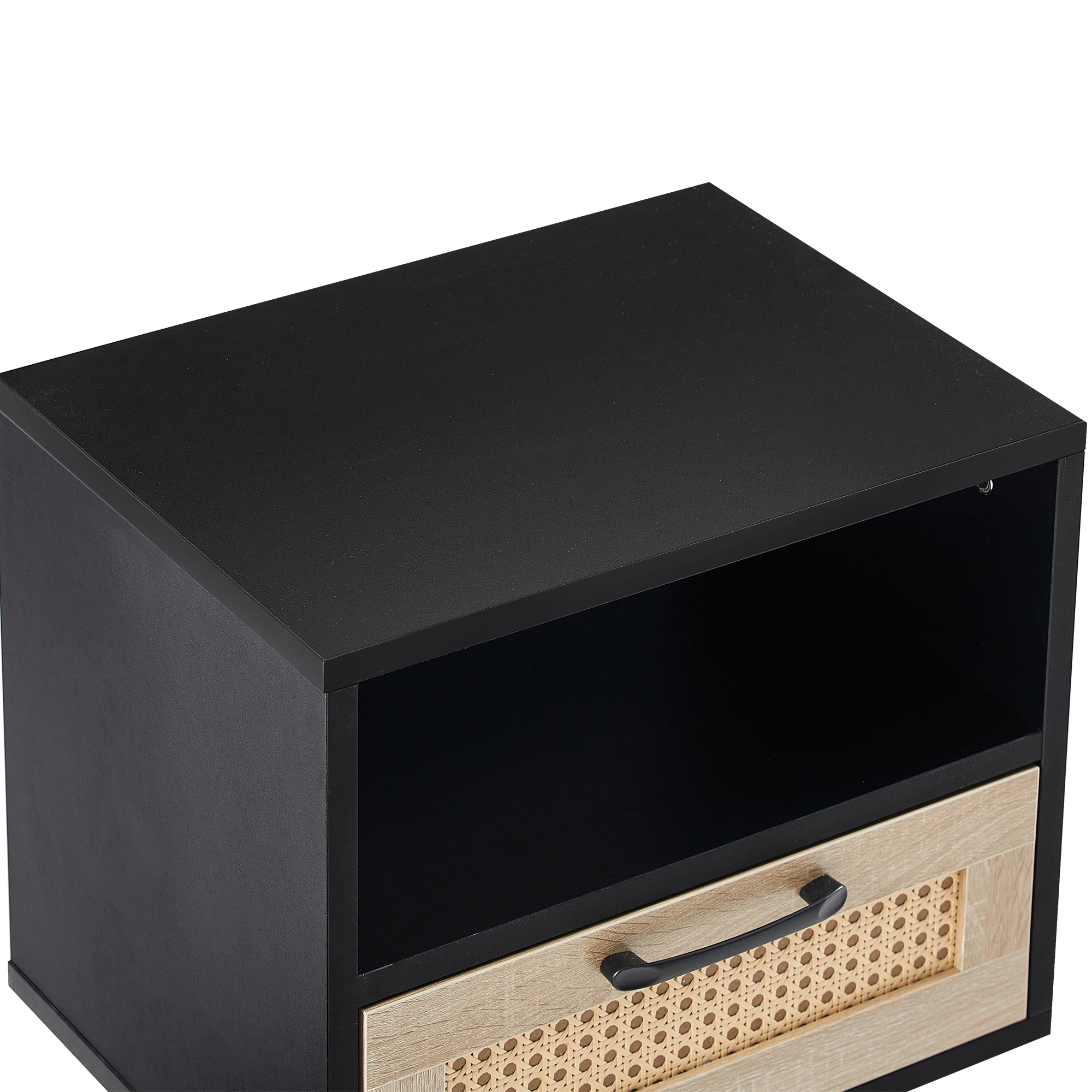 15.75" Rattan End Table with Drawer & Solid Wood Legs, Modern Black Nightstand Side Table for Living Room Bedroom view 13
