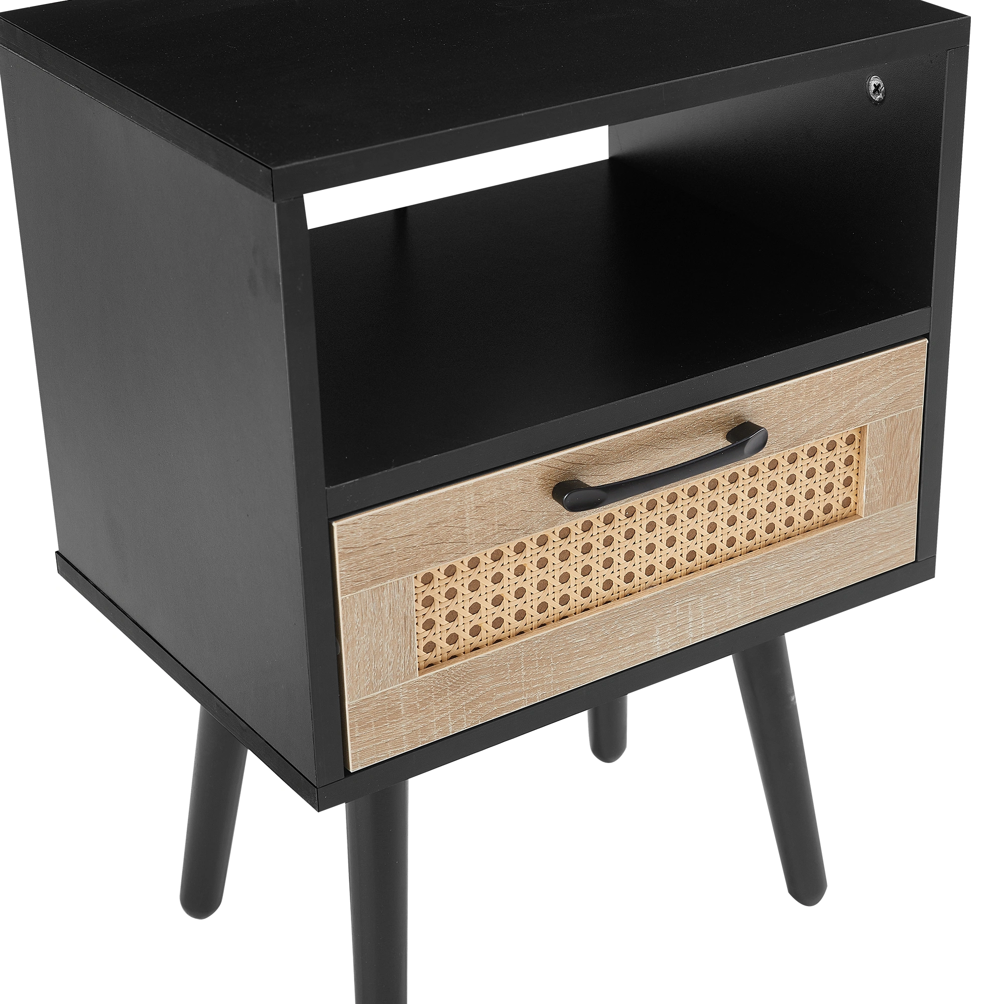 15.75" Rattan End Table with Drawer & Solid Wood Legs, Modern Black Nightstand Side Table for Living Room Bedroom view 14