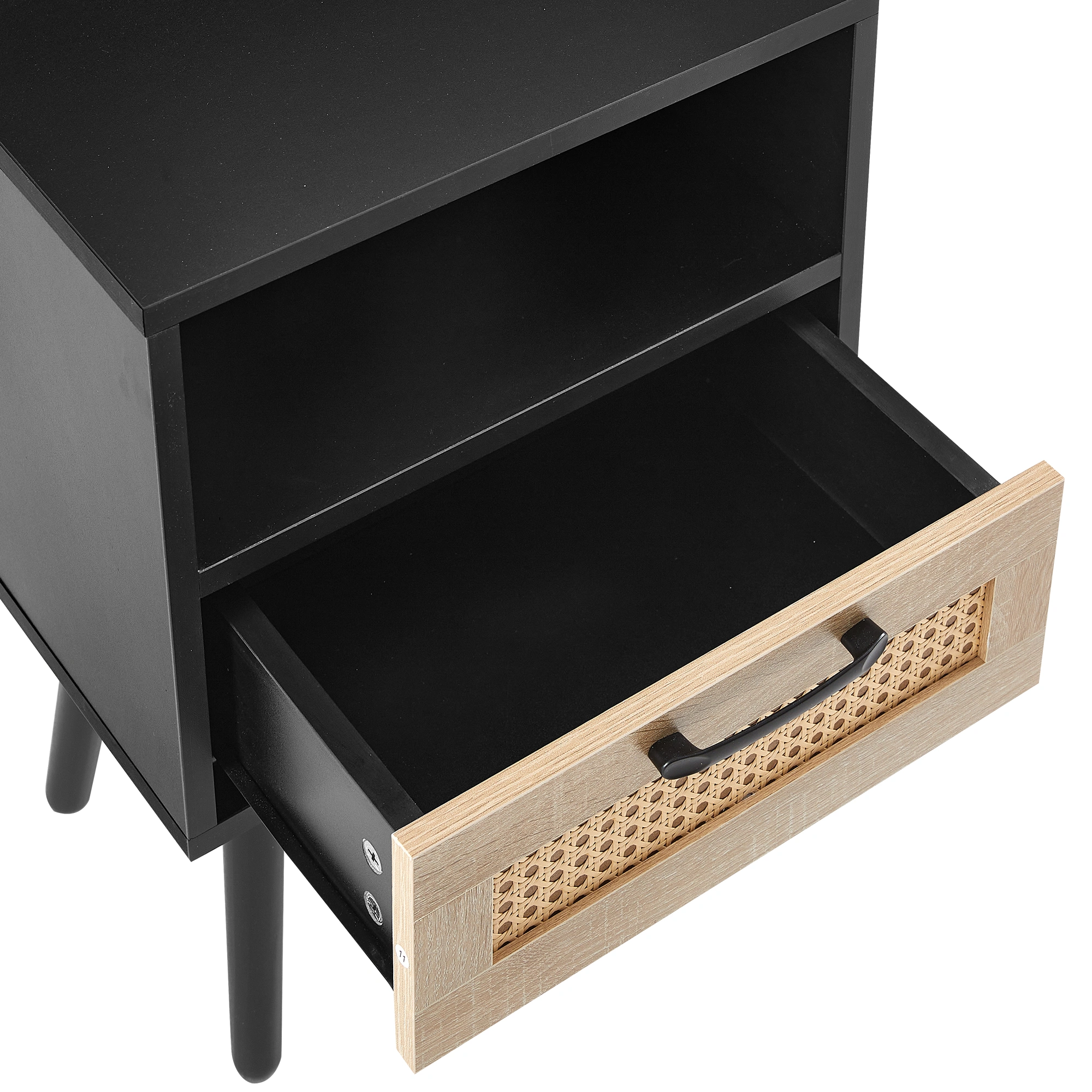 15.75" Rattan End Table with Drawer & Solid Wood Legs, Modern Black Nightstand Side Table for Living Room Bedroom view 16