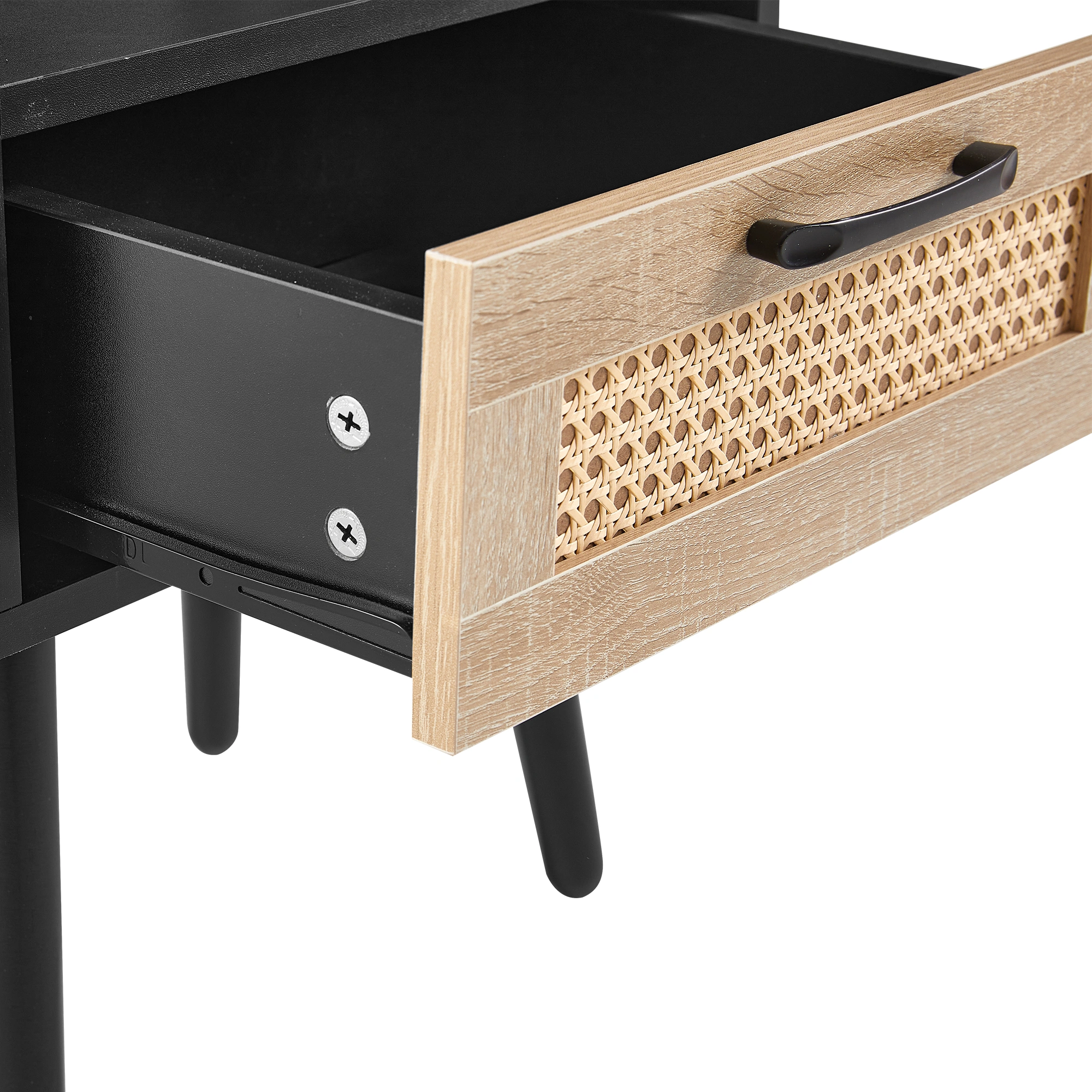 15.75" Rattan End Table with Drawer & Solid Wood Legs, Modern Black Nightstand Side Table for Living Room Bedroom view 17