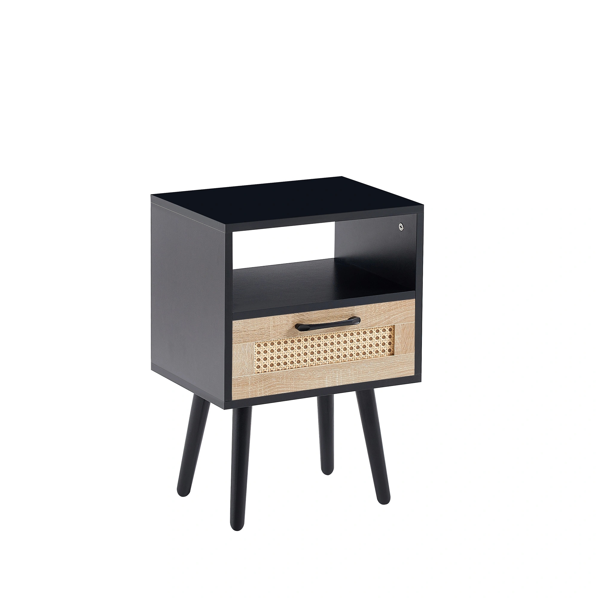 15.75" Rattan End Table with Drawer & Solid Wood Legs, Modern Black Nightstand Side Table for Living Room Bedroom view 9